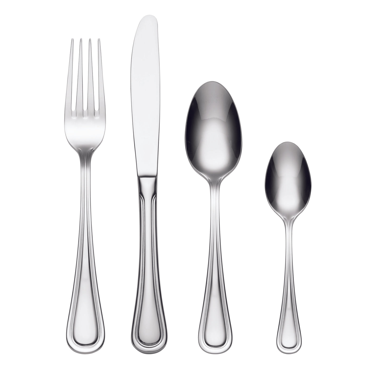 Set of silver cutlery including a fork, knife, and two spoons on a white background