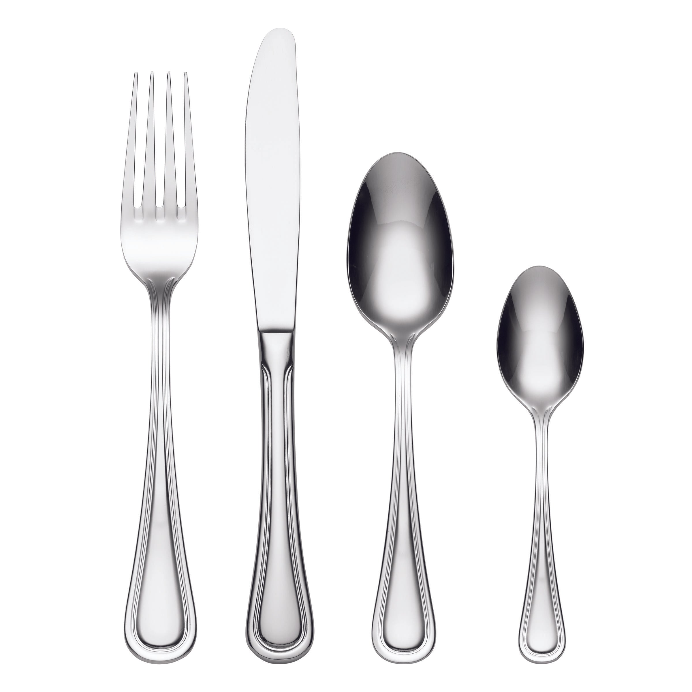 Set of silver cutlery including a fork, knife, and two spoons on a white background