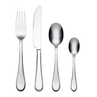 Set of silver cutlery including a fork, knife, and two spoons on a white background