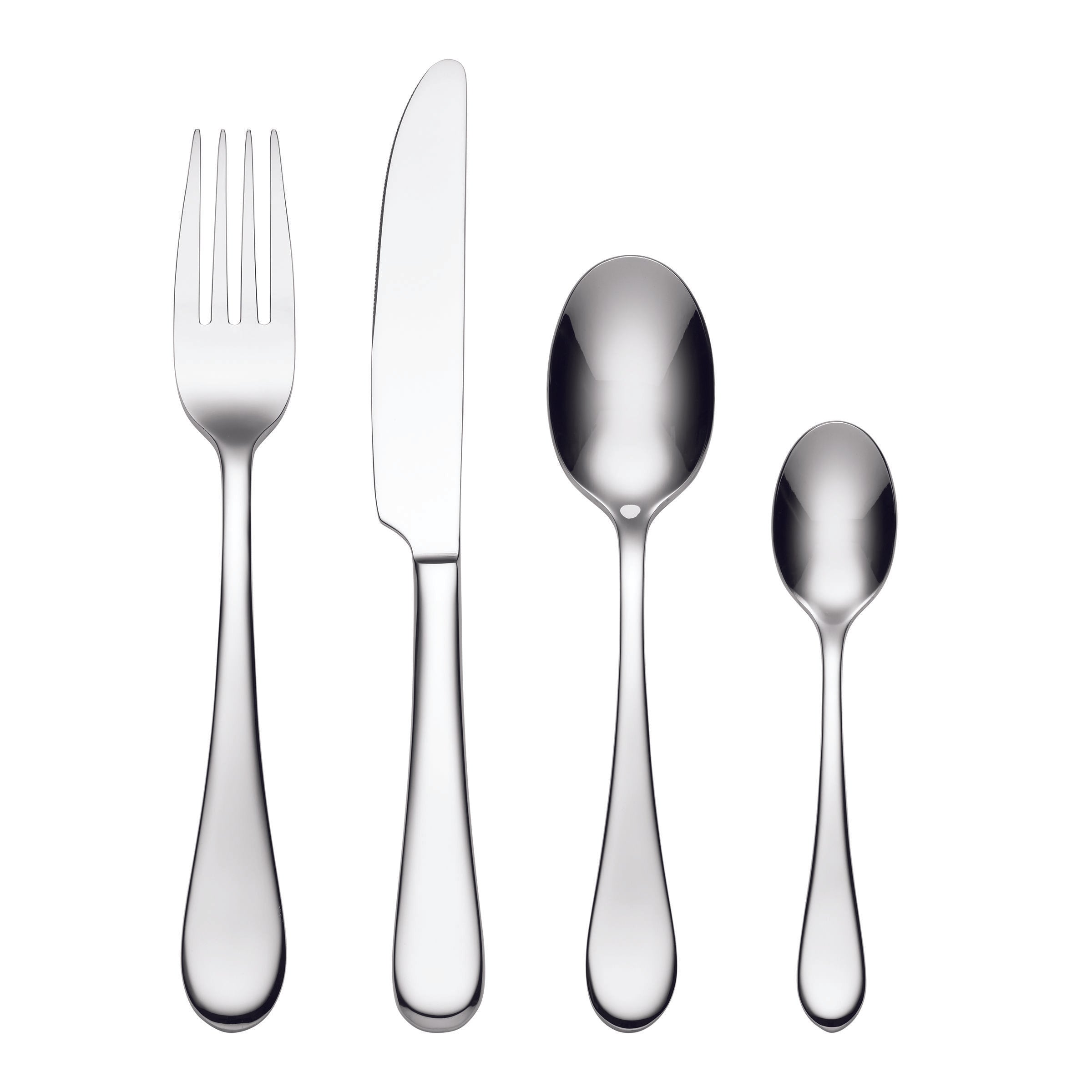 Set of silver cutlery including a fork, knife, and two spoons on a white background