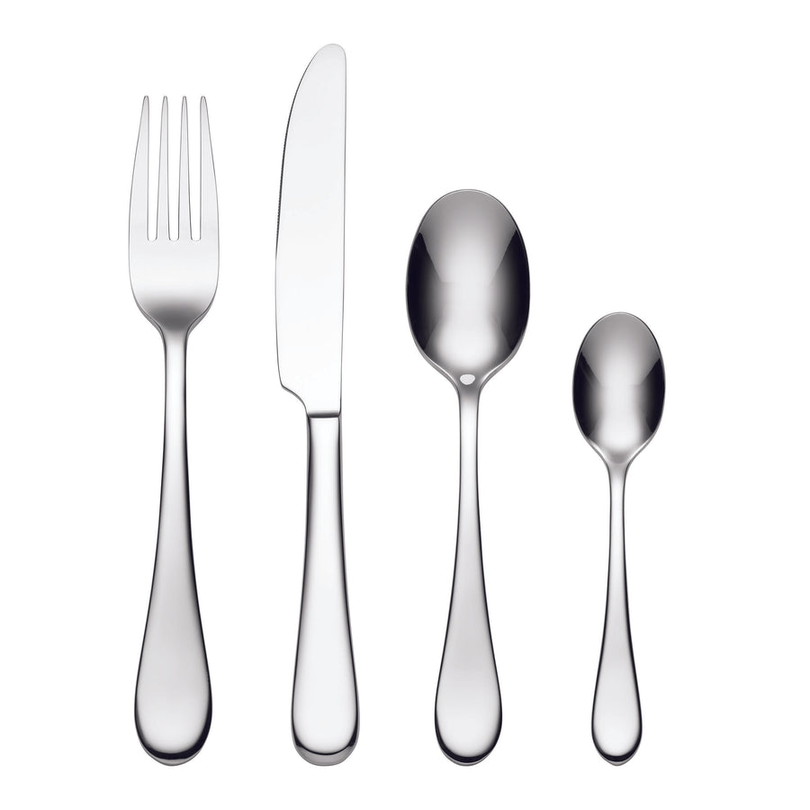 Set of silver cutlery including a fork, knife, and two spoons on a white background
