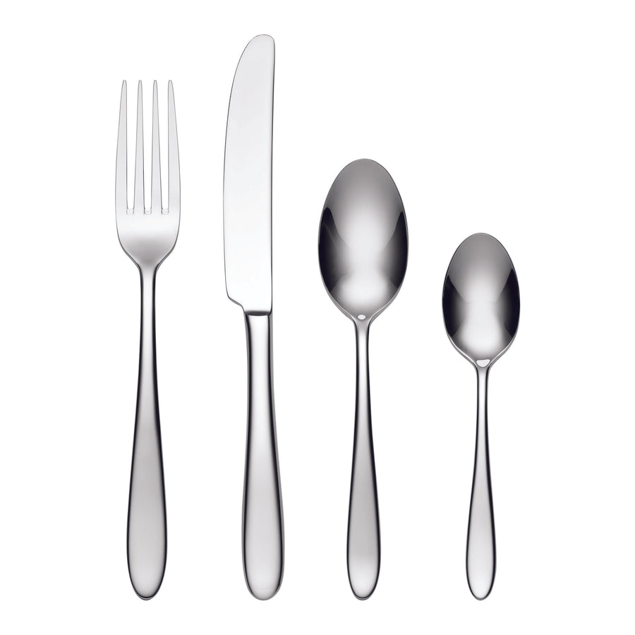 Set of silver cutlery including a fork, knife, and two spoons on a white background