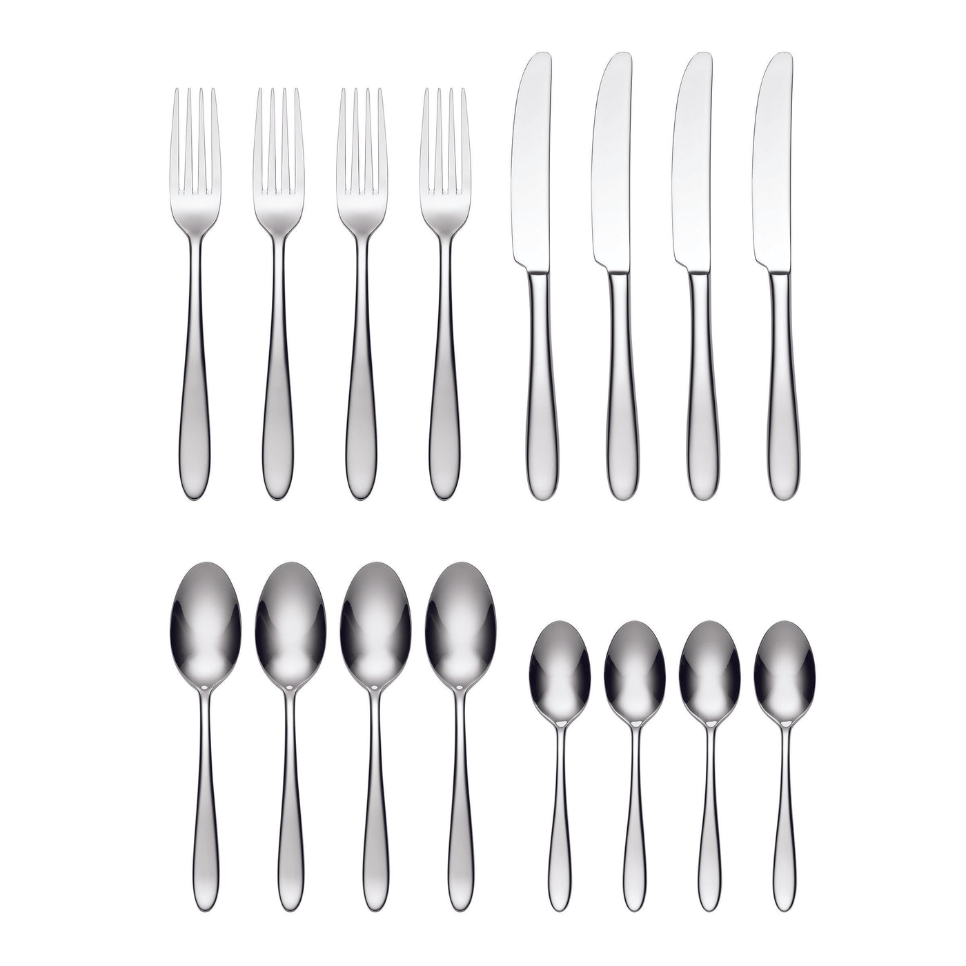 Set of silver cutlery including forks, knives, and spoons on a white background