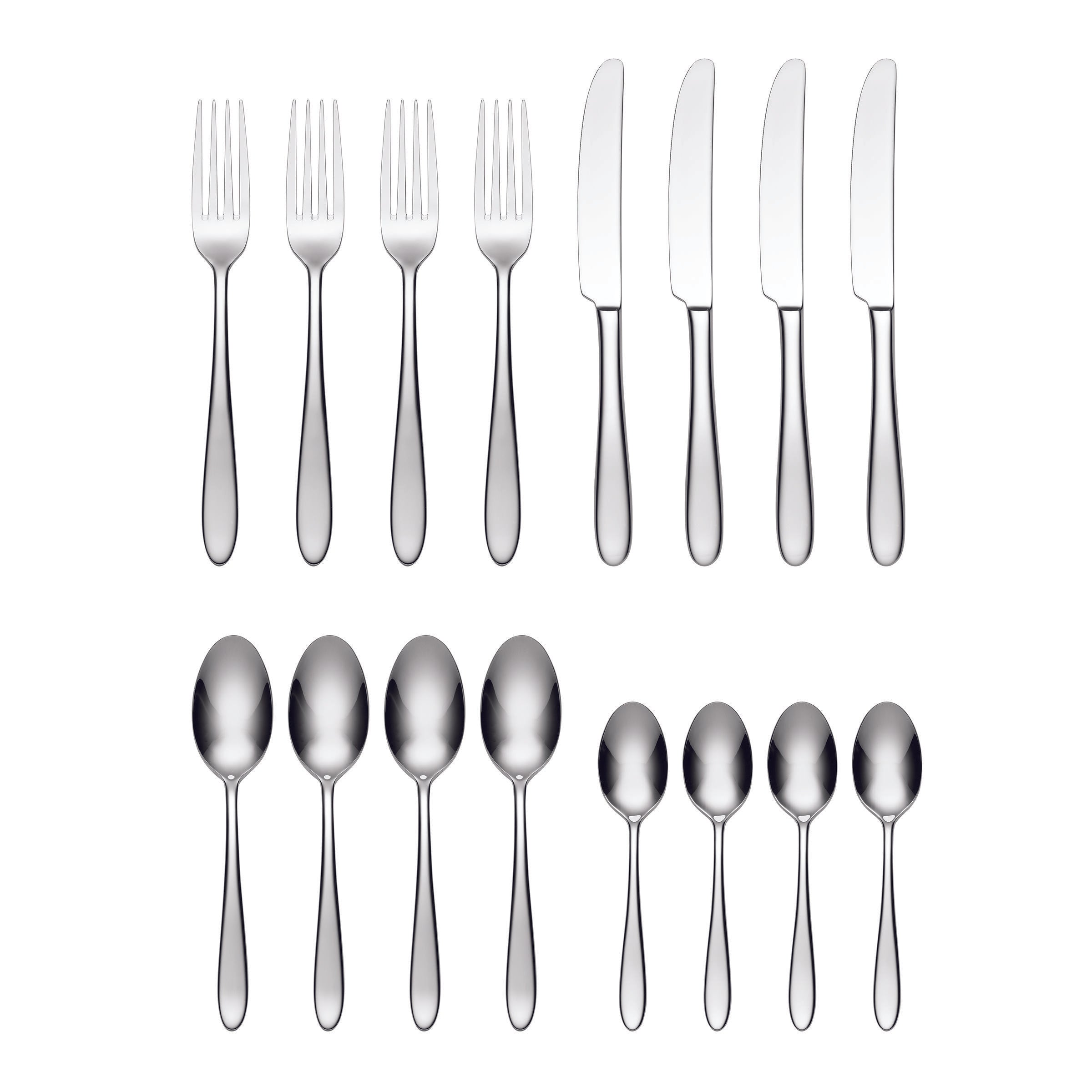Set of silver cutlery including forks, knives, and spoons on a white background