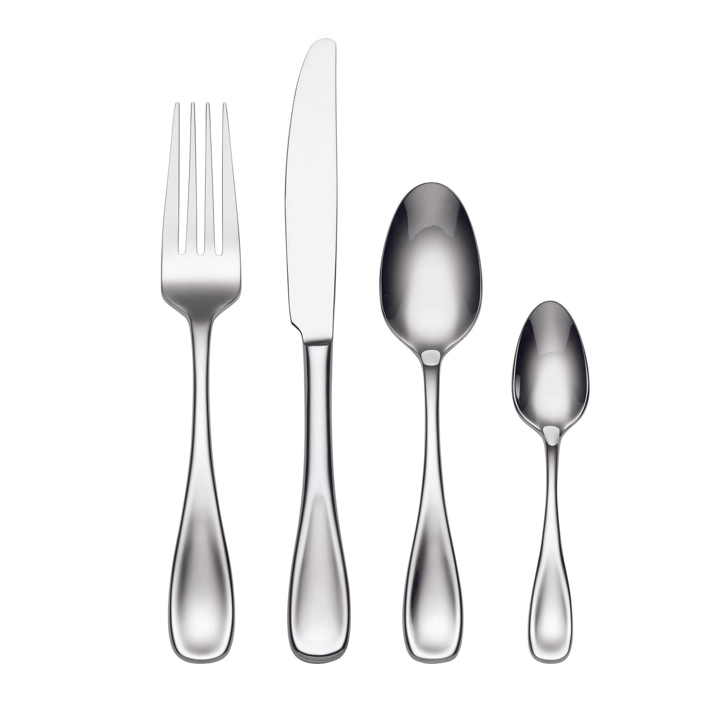 Set of silver cutlery including a fork, knife, and two spoons on a white background