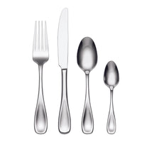 Set of silver cutlery including a fork, knife, and two spoons on a white background