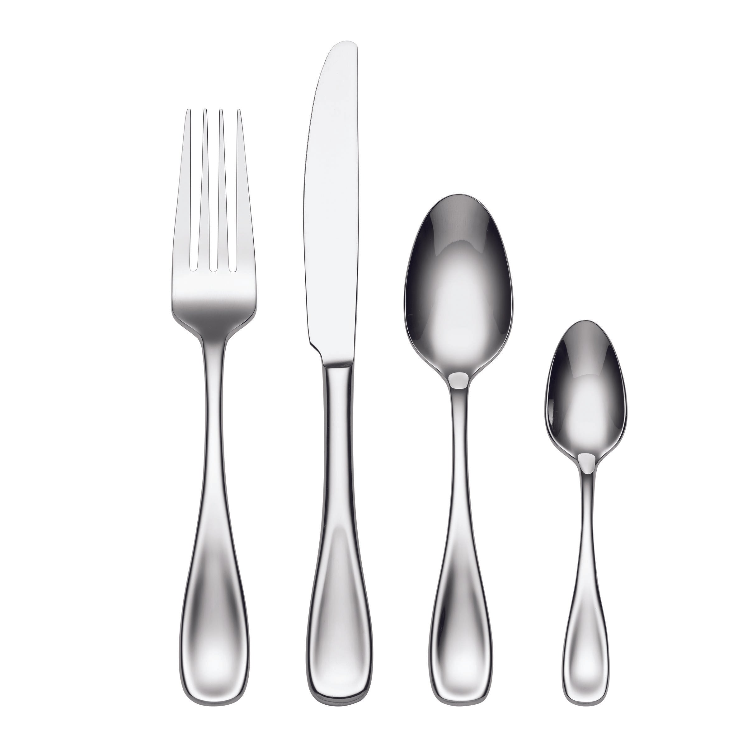 Set of silver cutlery including a fork, knife, and two spoons on a white background
