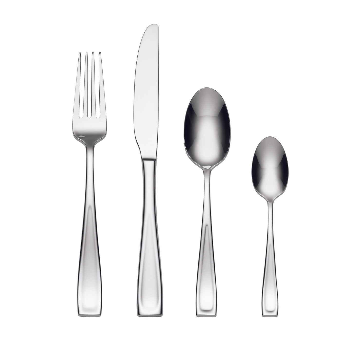 Set of silver cutlery including a fork, knife, and two spoons on a white background