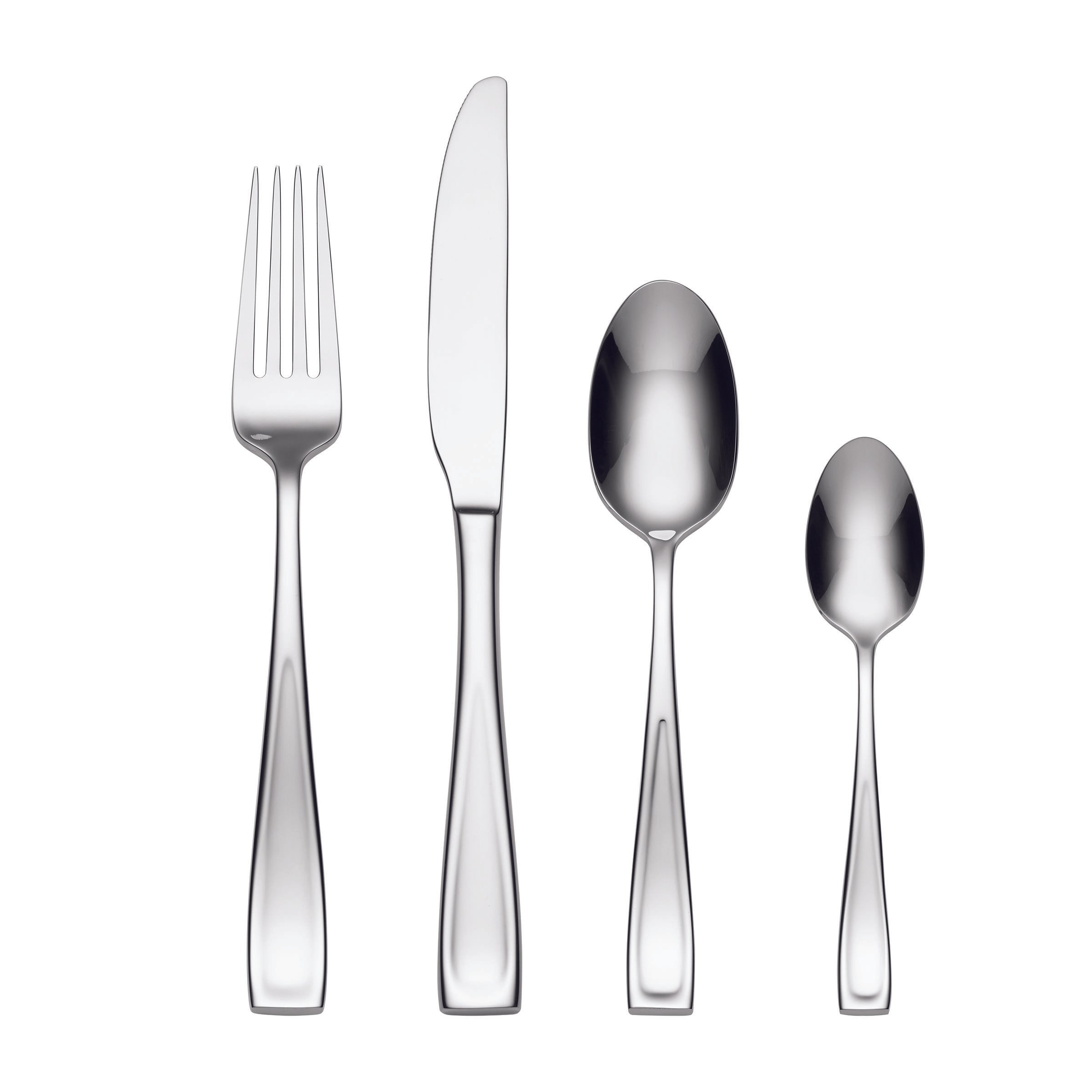 Set of silver cutlery including a fork, knife, and two spoons on a white background