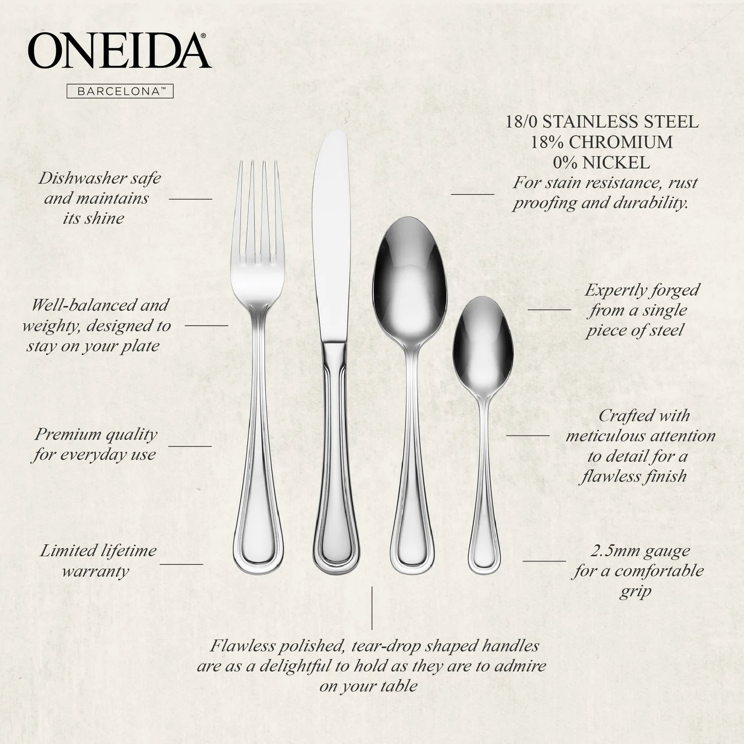 ONEIDA Barcelona 16 Pieces Cutlery Set- Stainless Steel - 4 Person Place Setting