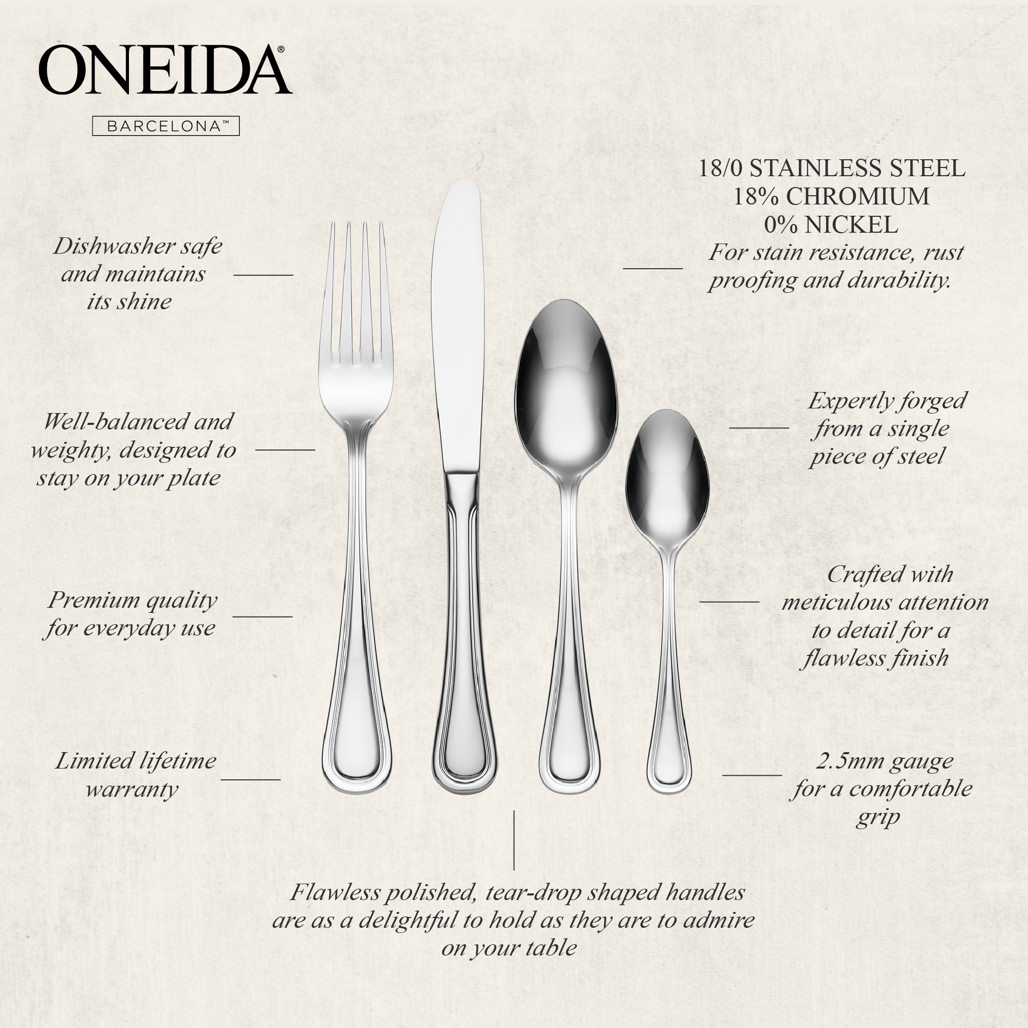 ONEIDA BARCELONA Stainless Steel Teaspoons – Set of 6