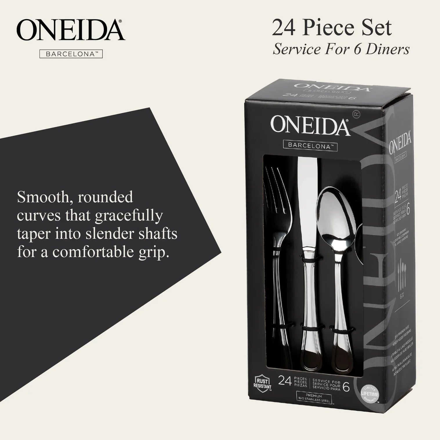 ONEIDA Barcelona 24 Pieces Cutlery Set - Stainless Steel - 6 Person Place Setting