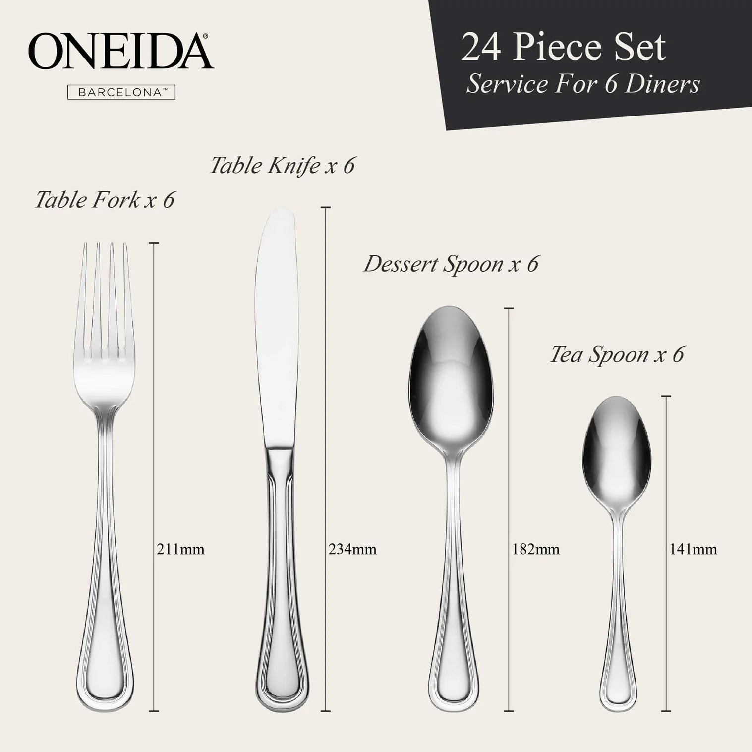 ONEIDA Barcelona 24 Pieces Cutlery Set - Stainless Steel - 6 Person Place Setting