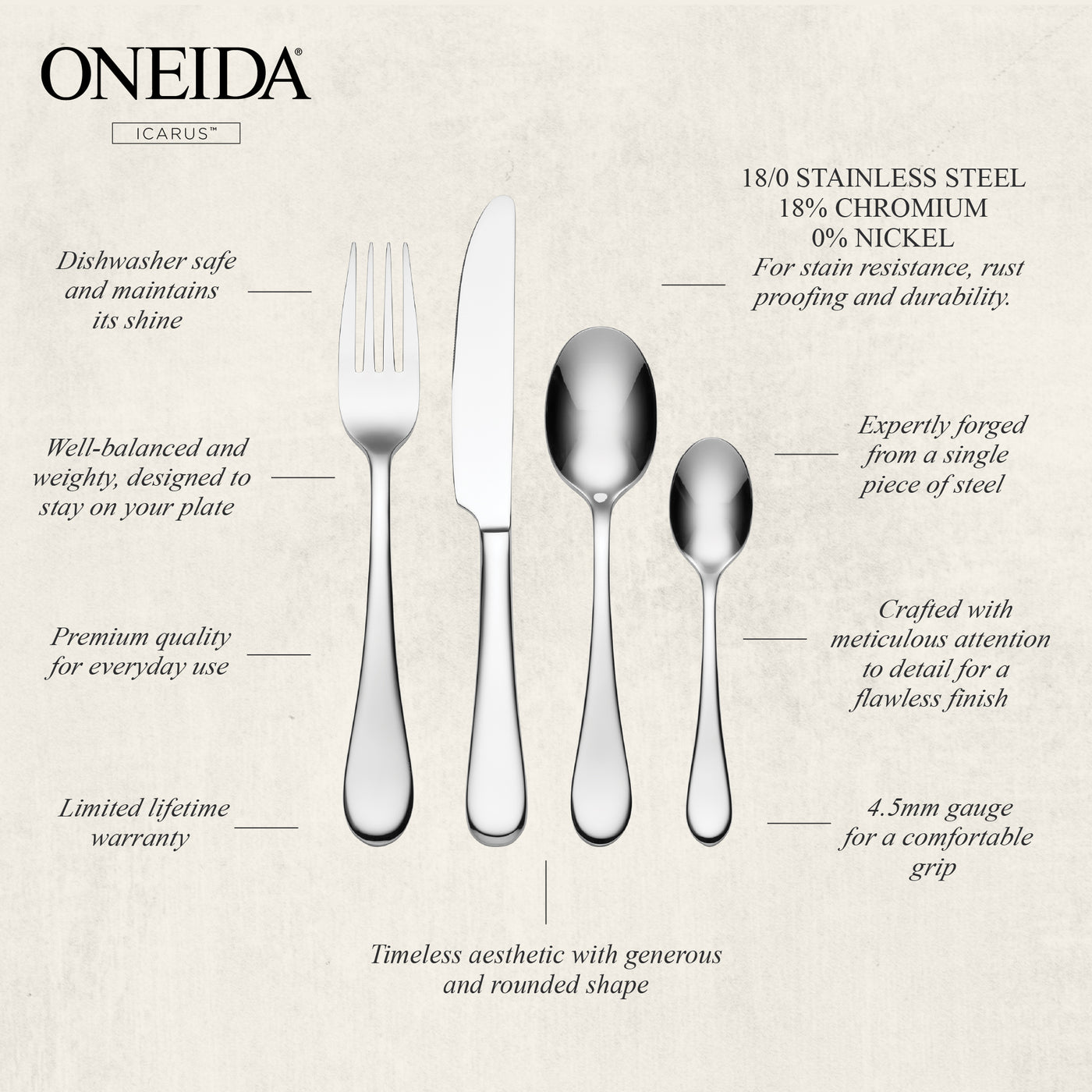 ONEIDA ICARUS Stainless Steel Teaspoons – Set of 6