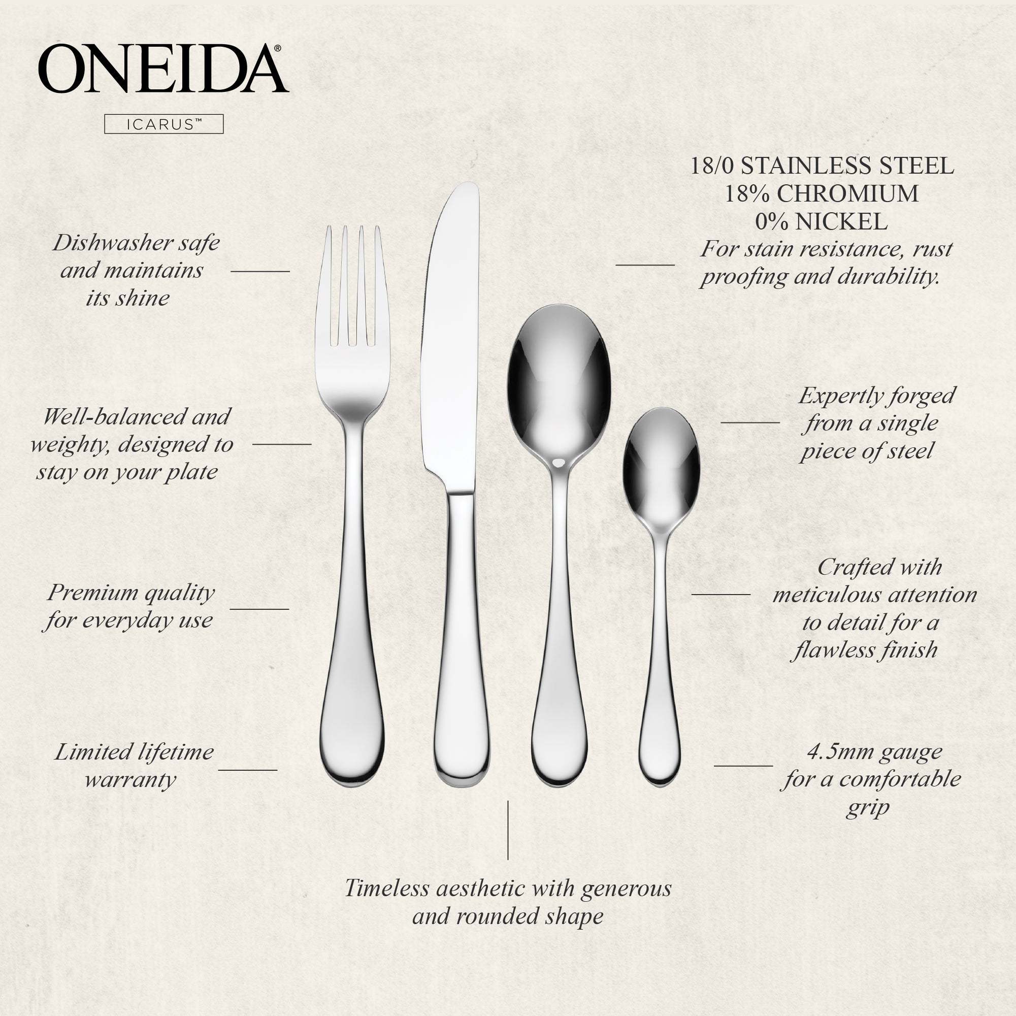ONEIDA ICARUS Stainless Steel Teaspoons – Set of 6