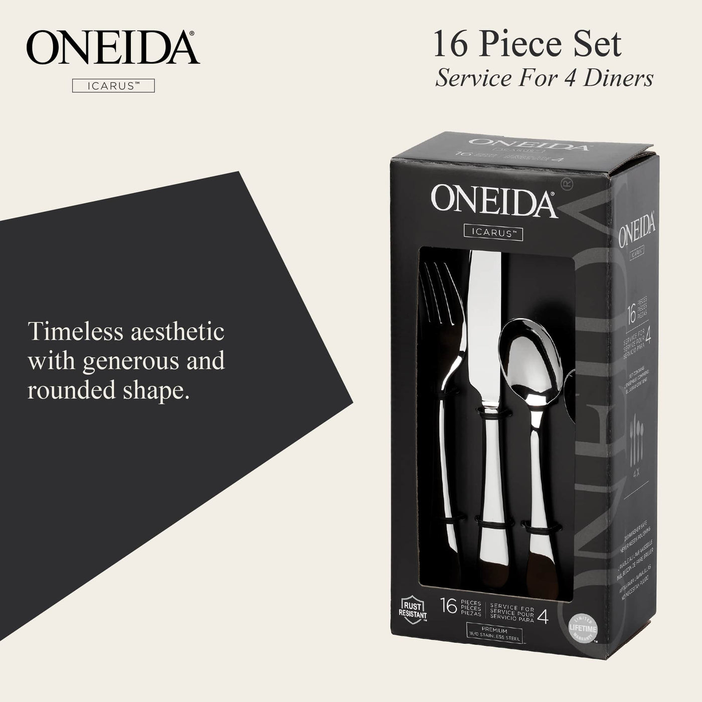 ONEIDA Icarus 16 Pieces Cutlery Set - Stainless Steel - 4 Person Place Setting