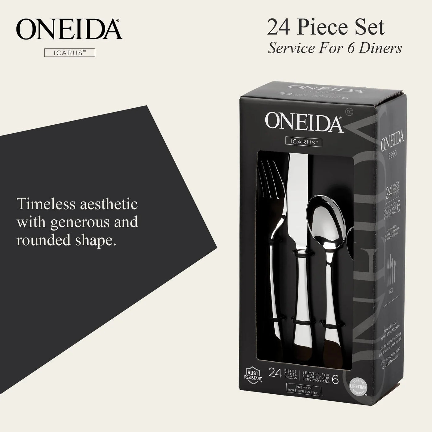 ONEIDA Icarus 24 Pieces Cutlery Set - Stainless Steel - 6 Person Place Setting