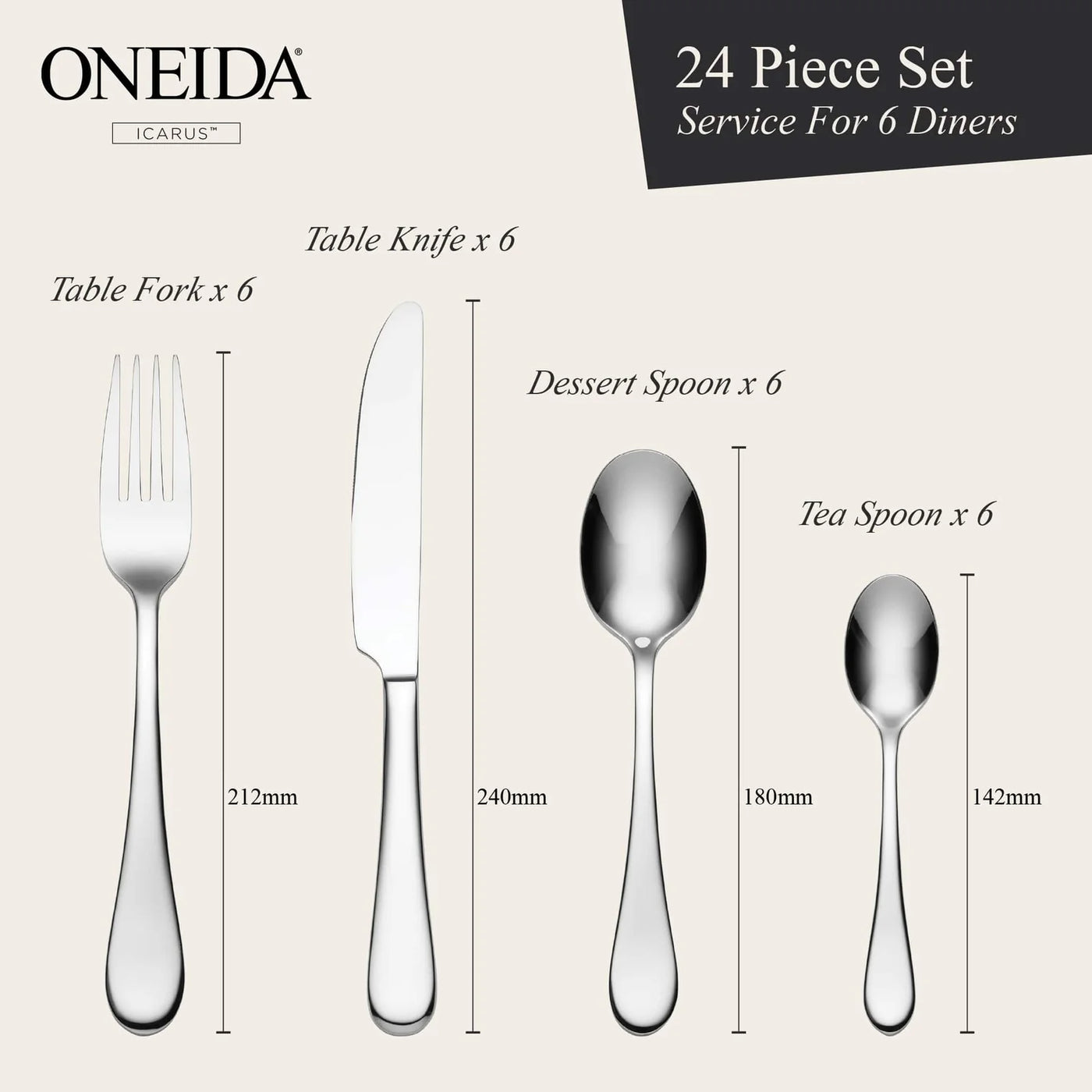 ONEIDA Icarus 24 Pieces Cutlery Set - Stainless Steel - 6 Person Place Setting
