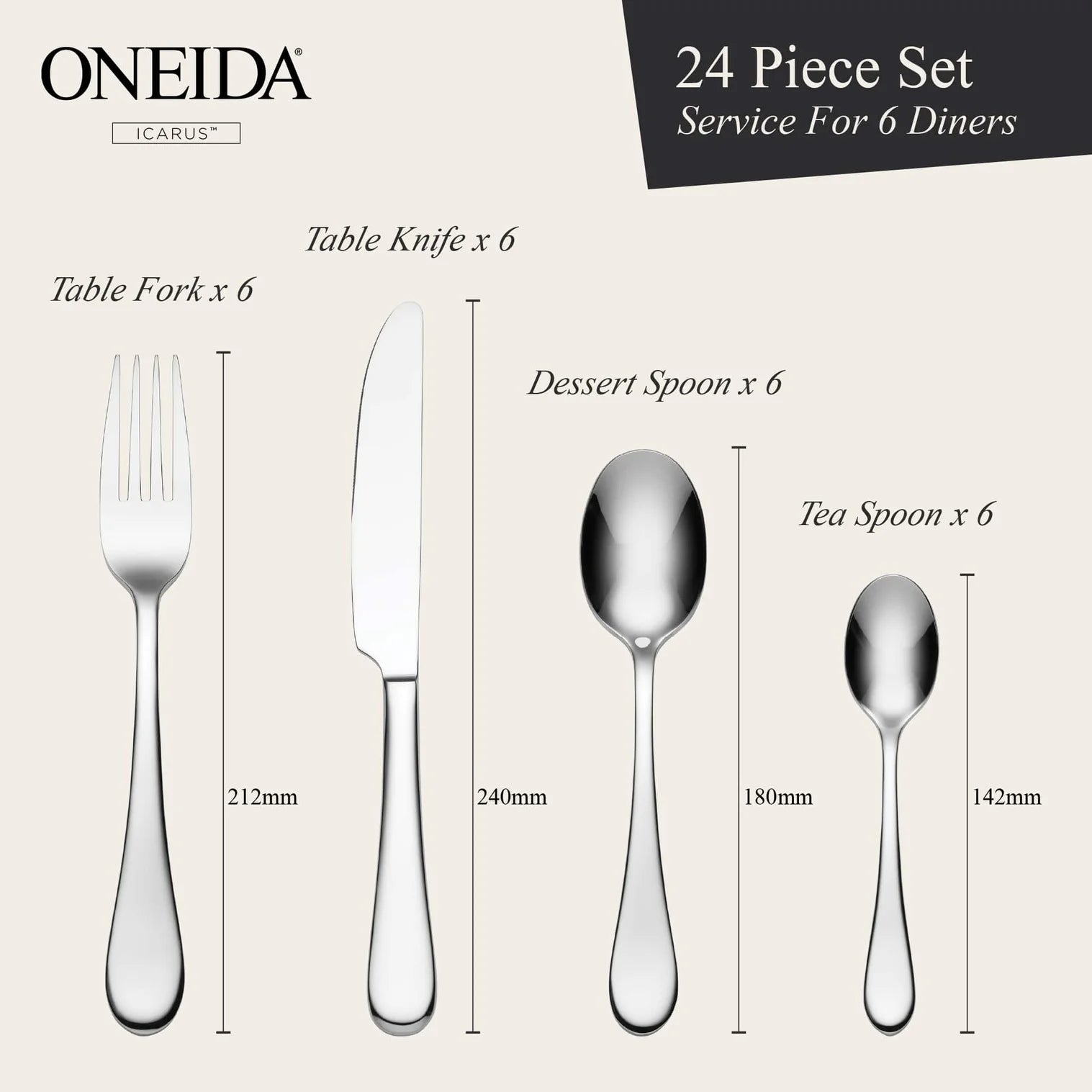 ONEIDA Icarus 24 Pieces Cutlery Set - Stainless Steel - 6 Person Place Setting