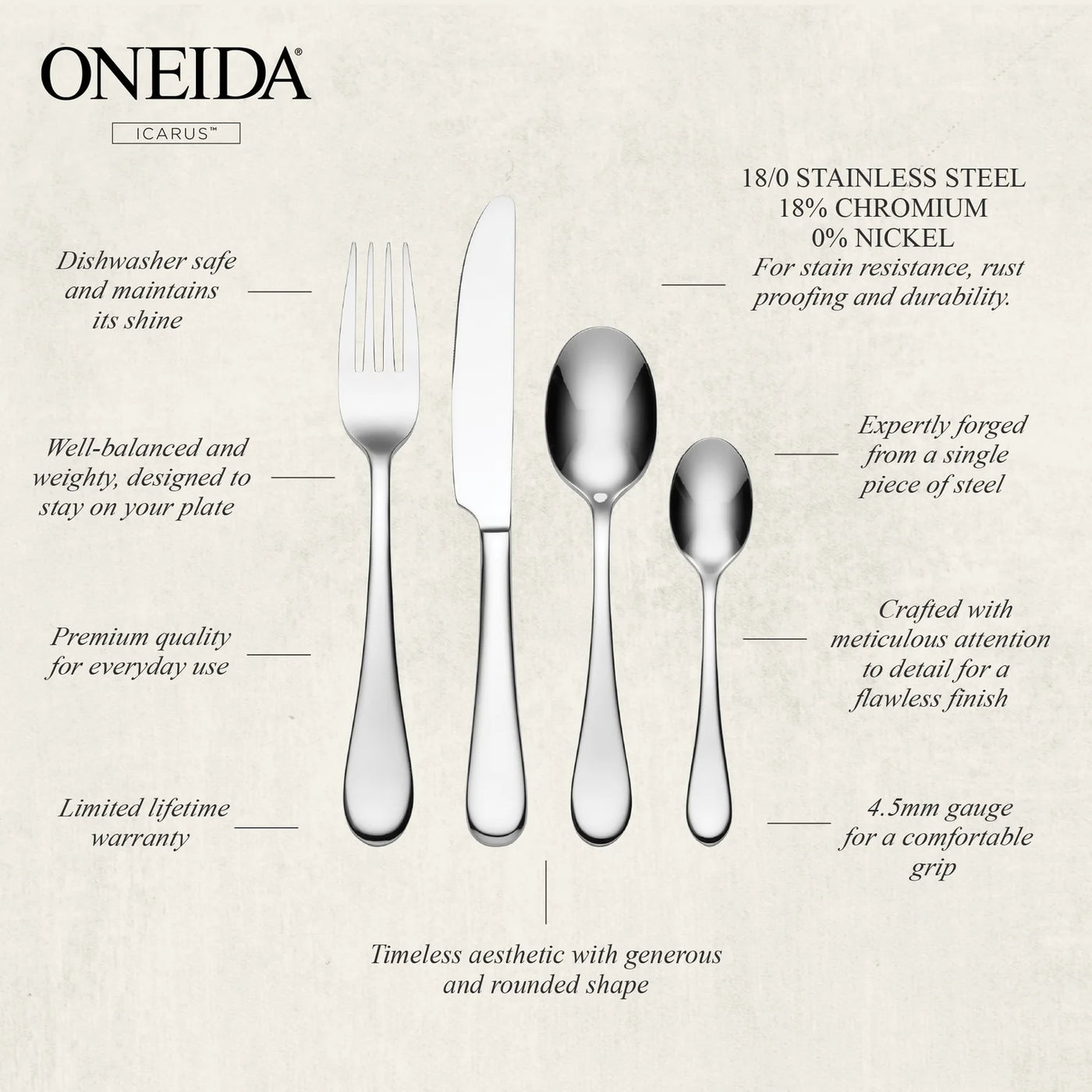ONEIDA Icarus 16 Pieces Cutlery Set - Stainless Steel - 4 Person Place Setting