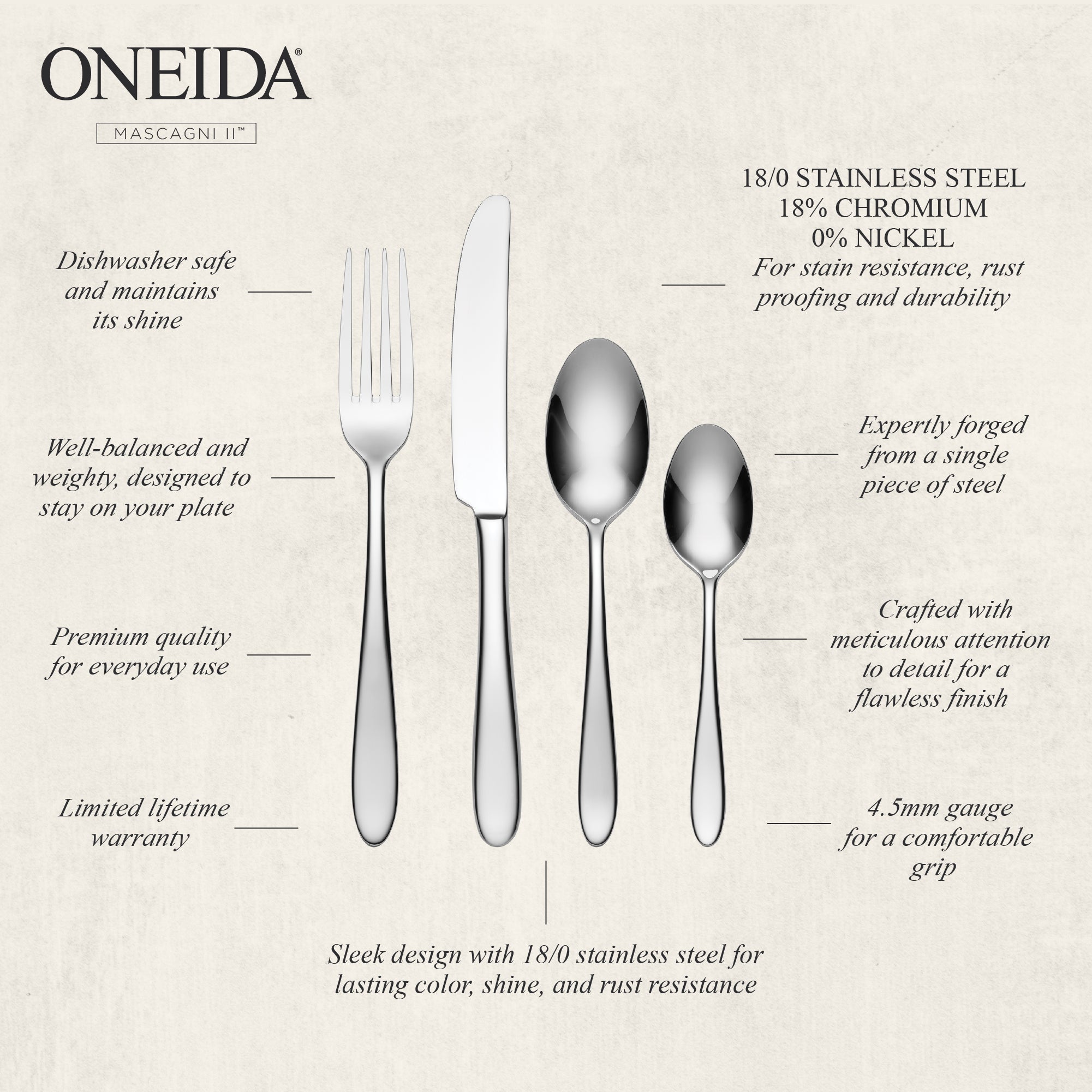 ONEIDA Mascagni II 24 Pieces Cutlery Set - Stainless Steel - 6 Person Place Setting