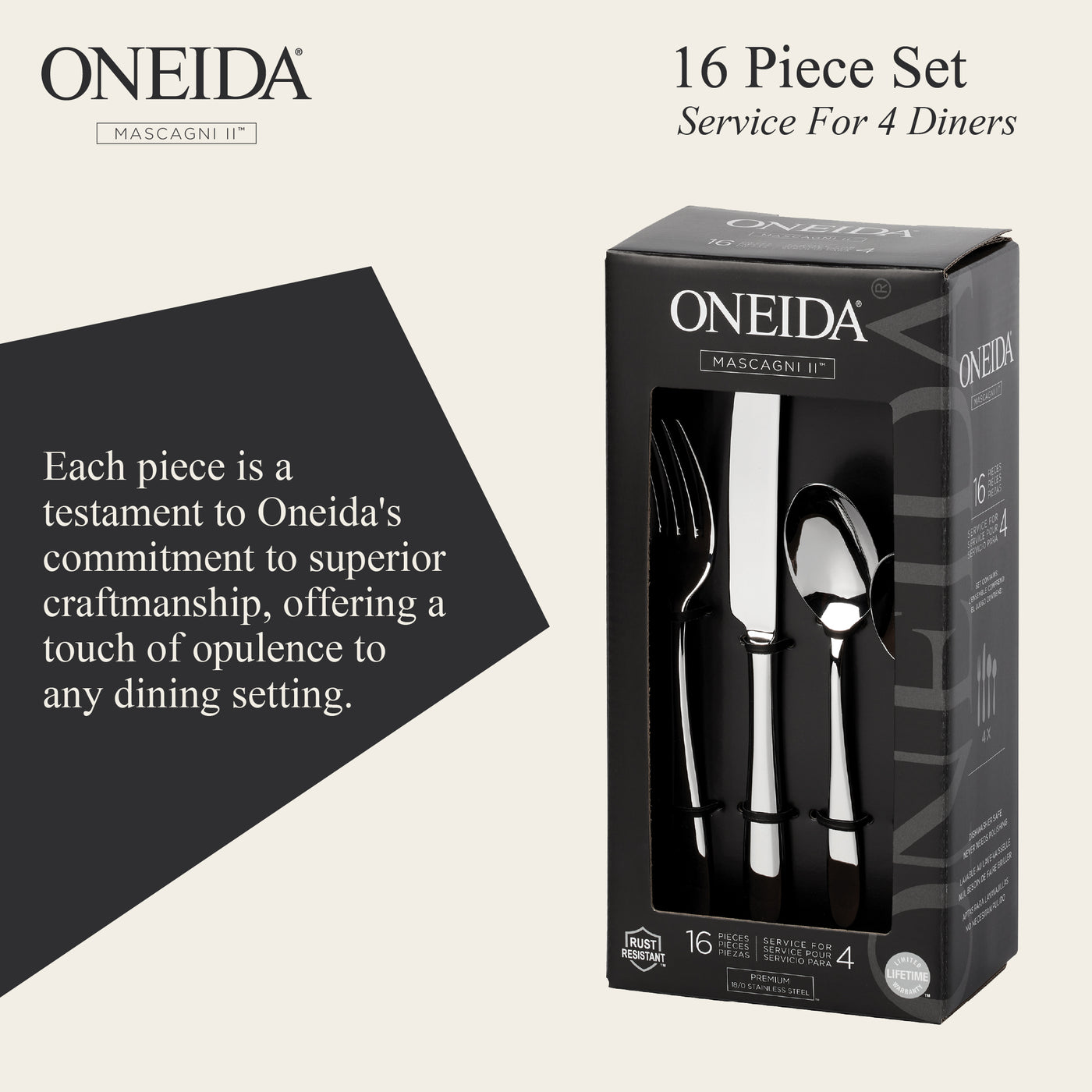ONEIDA Mascagni II 16 Pieces Cutlery Set - Stainless Steel - 4 Person Place Setting