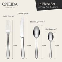 Oneida cutlery set with dimensions on a beige background