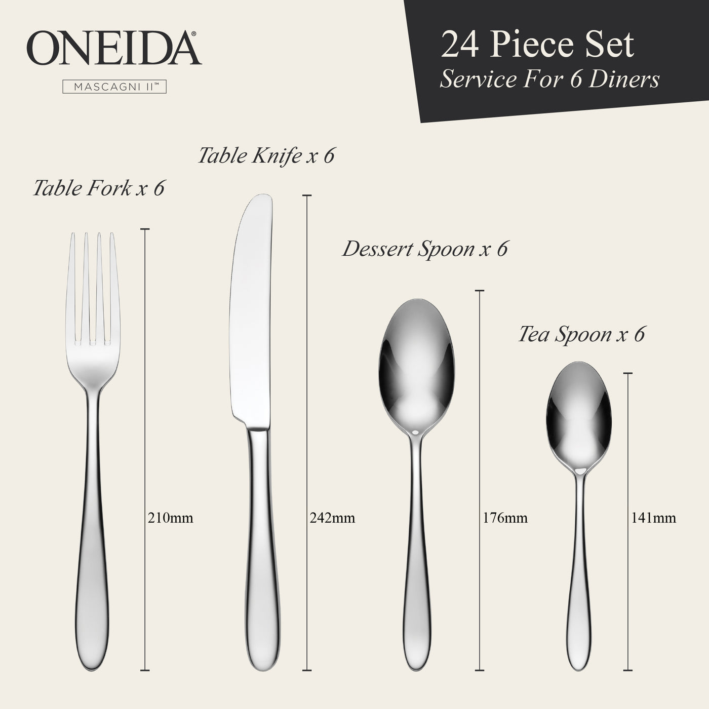 ONEIDA Mascagni II 24 Pieces Cutlery Set - Stainless Steel - 6 Person Place Setting