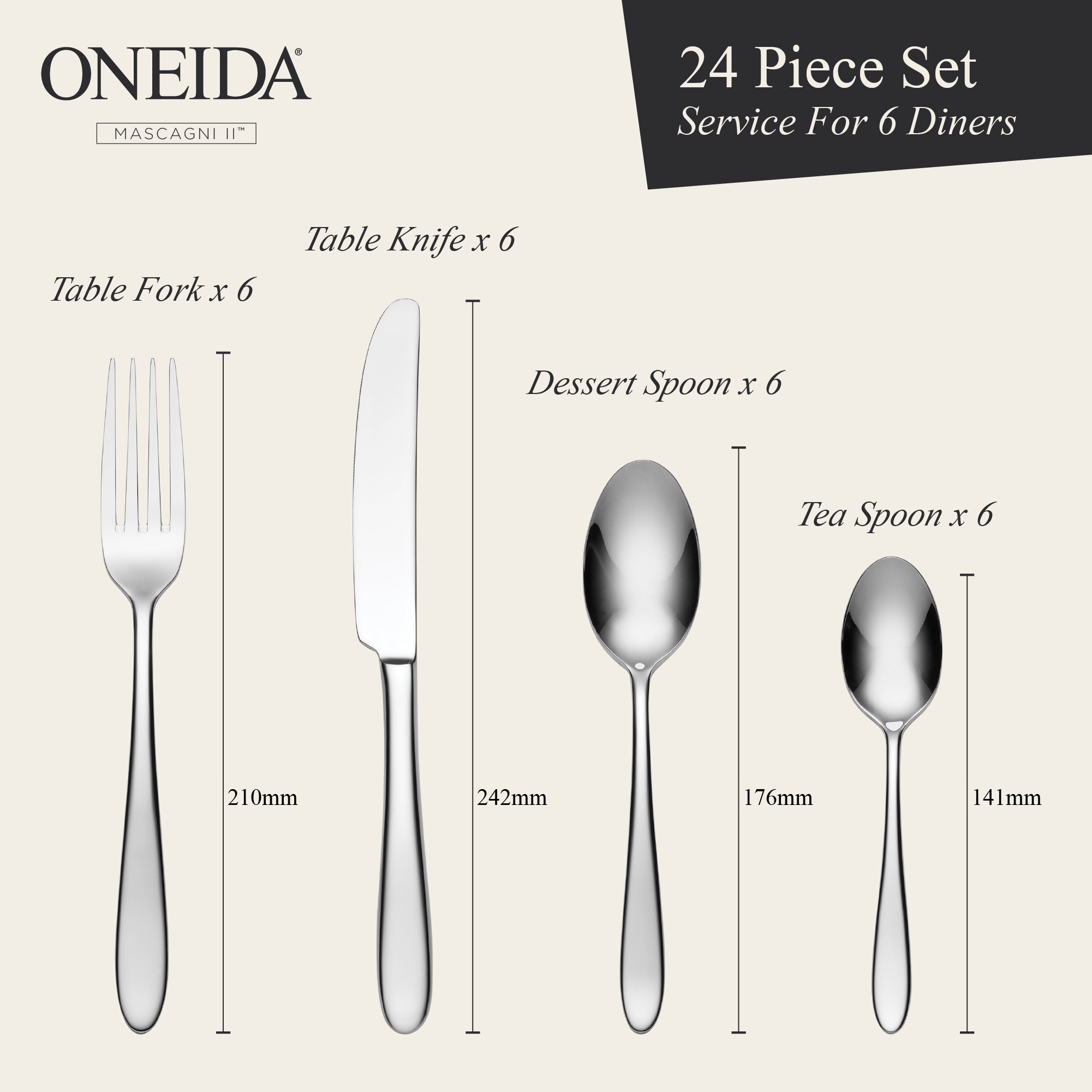 ONEIDA Mascagni II 24 Pieces Cutlery Set - Stainless Steel - 6 Person Place Setting