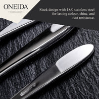 Two silver cutlery items on a dark surface with Oneida branding and text about stainless steel quality.