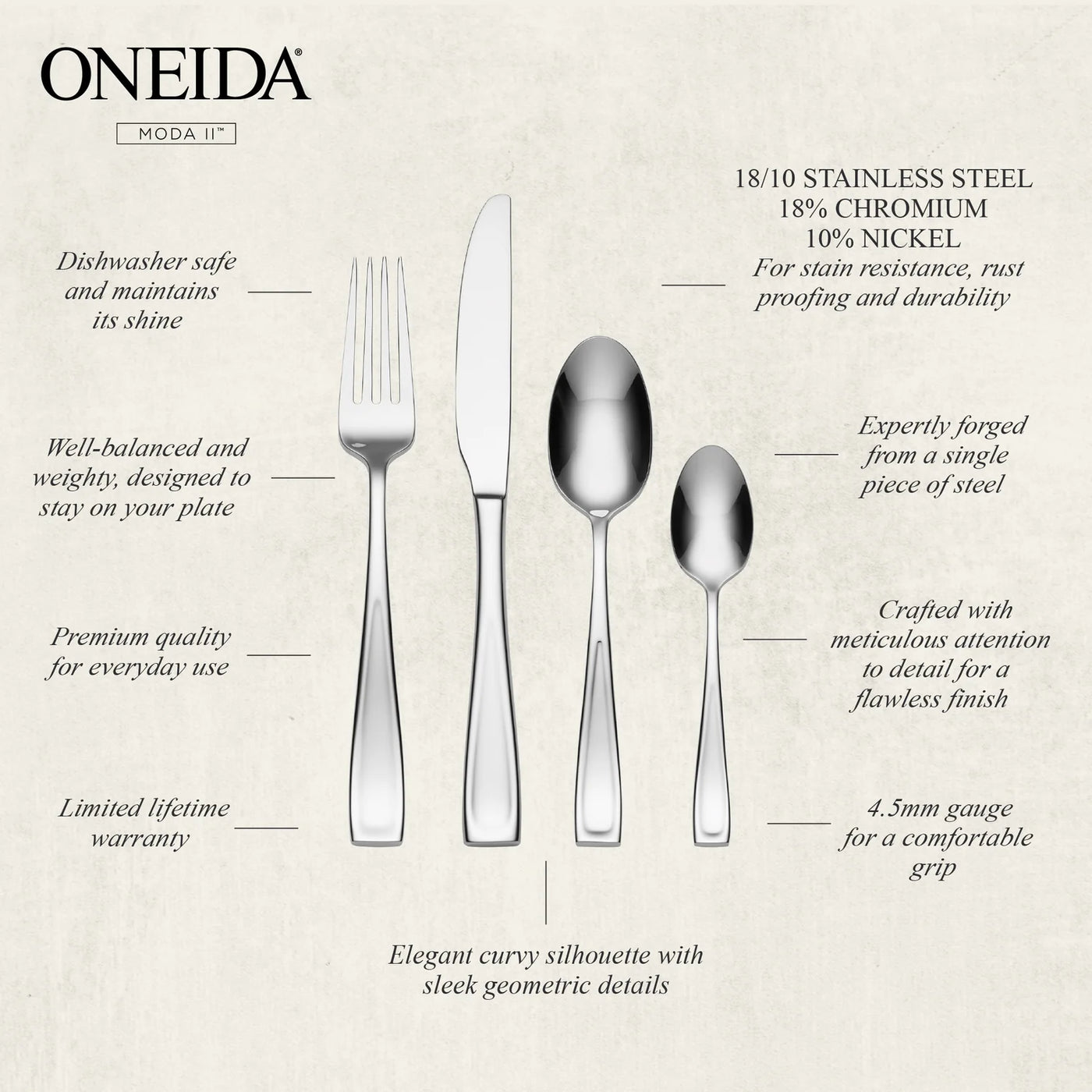 ONEIDA Moda II 16 Pieces Cutlery Set - Stainless Steel - 4 Person Place Setting