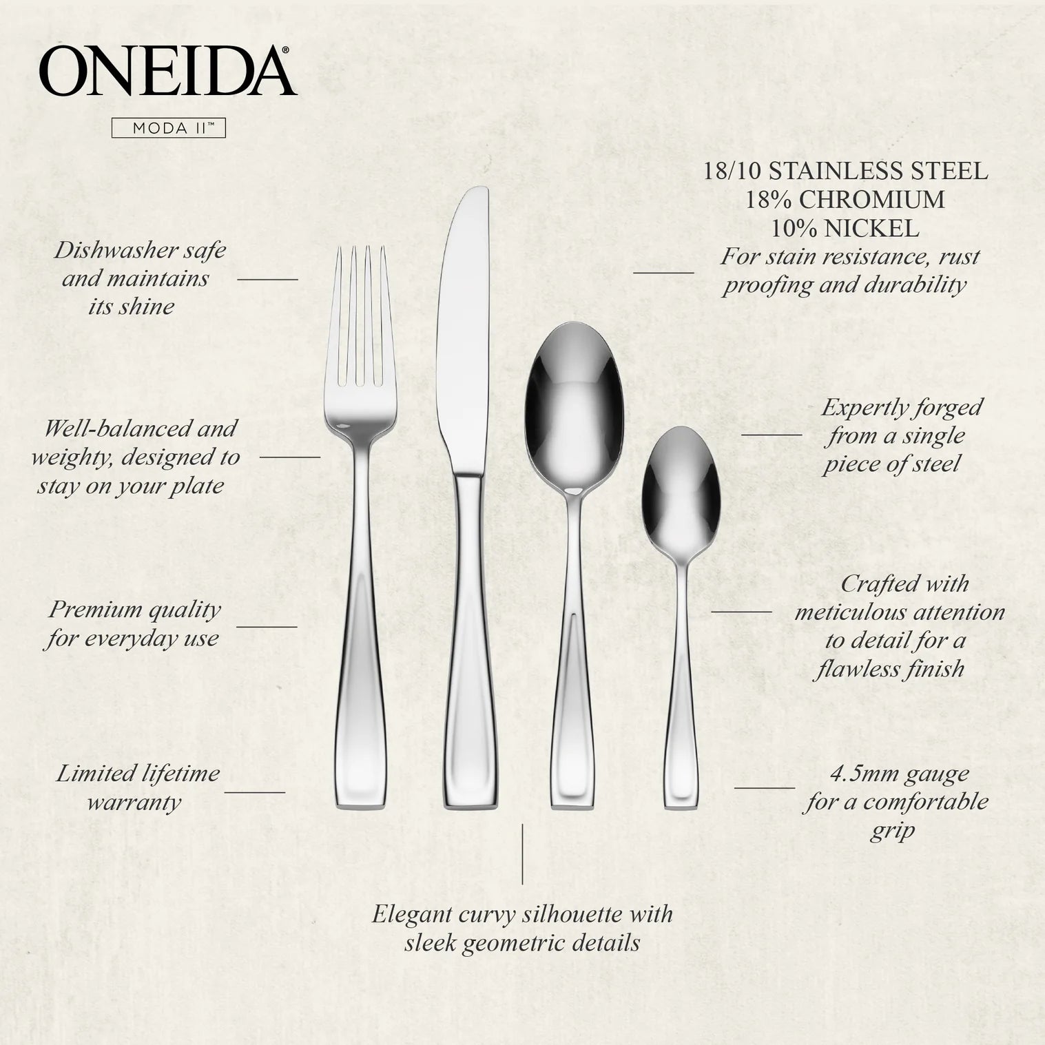 ONEIDA Moda II 16 Pieces Cutlery Set - Stainless Steel - 4 Person Place Setting