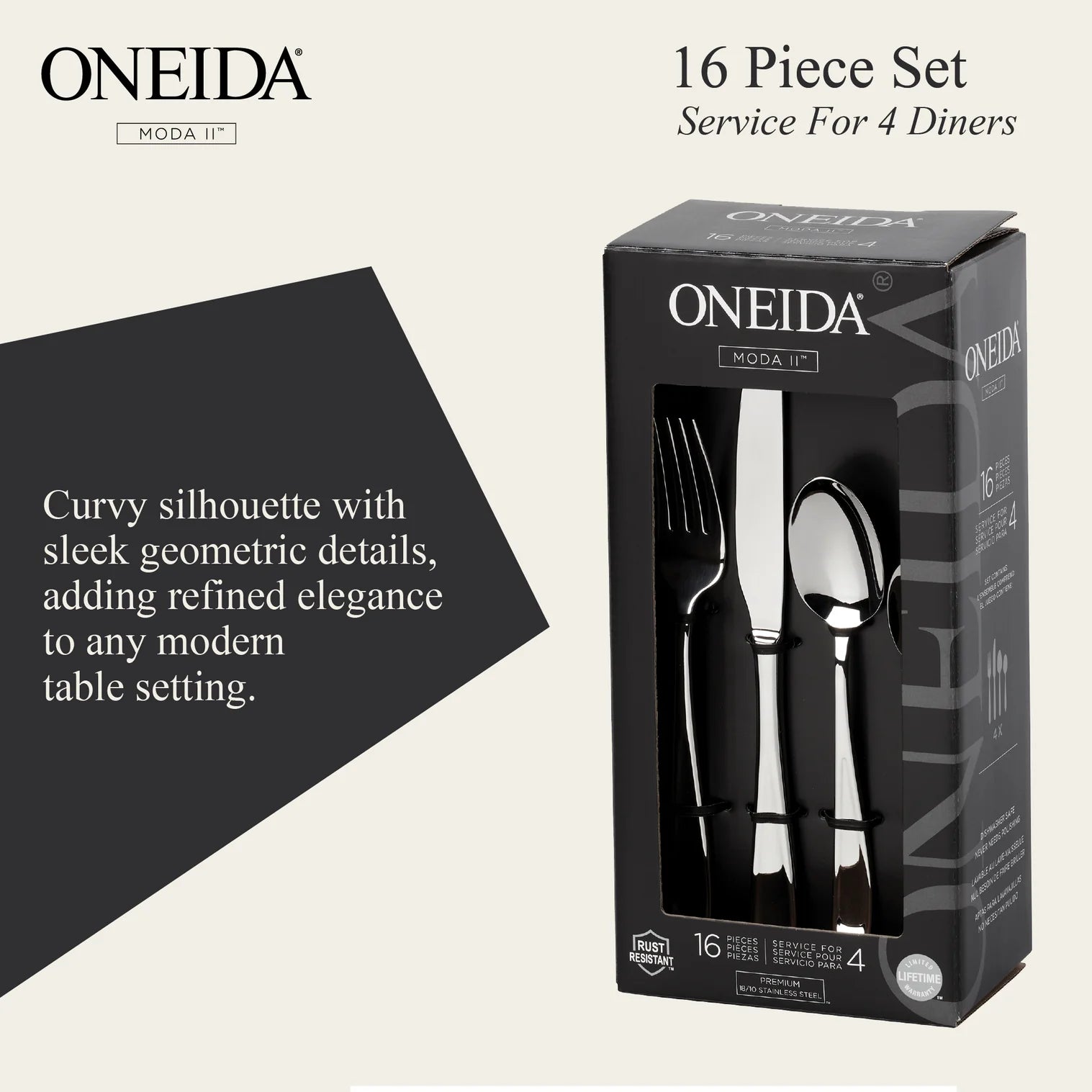 ONEIDA Moda II 16 Pieces Cutlery Set - Stainless Steel - 4 Person Place Setting