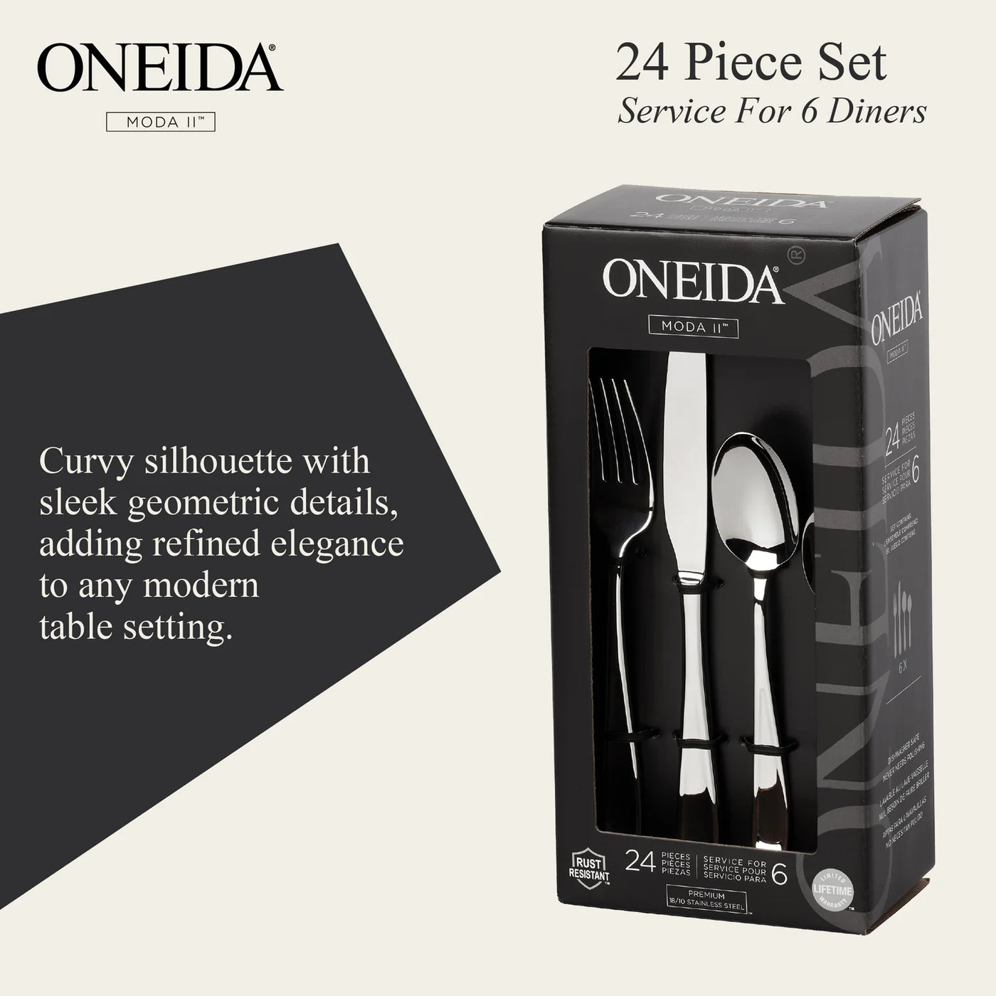 ONEIDA Moda II 24 Pieces Cutlery Set - Stainless Steel - 6 Person Place Setting