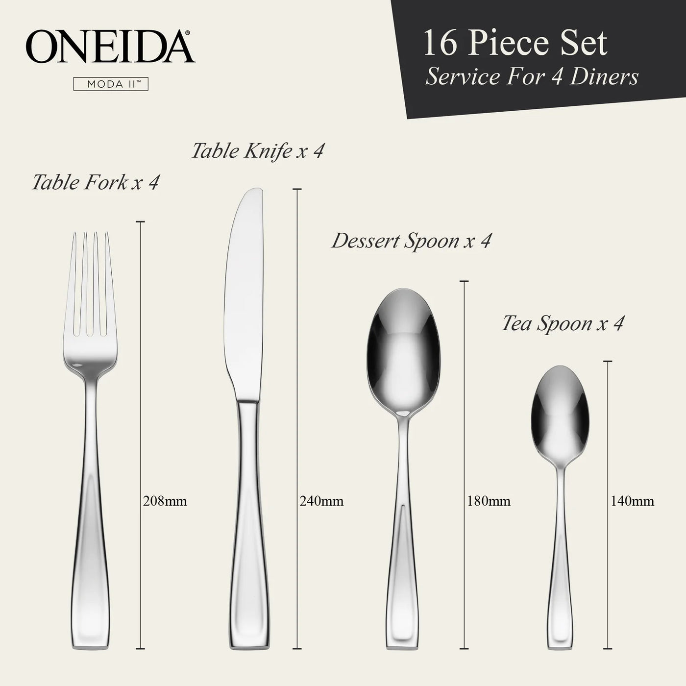 ONEIDA Moda II 16 Pieces Cutlery Set - Stainless Steel - 4 Person Place Setting