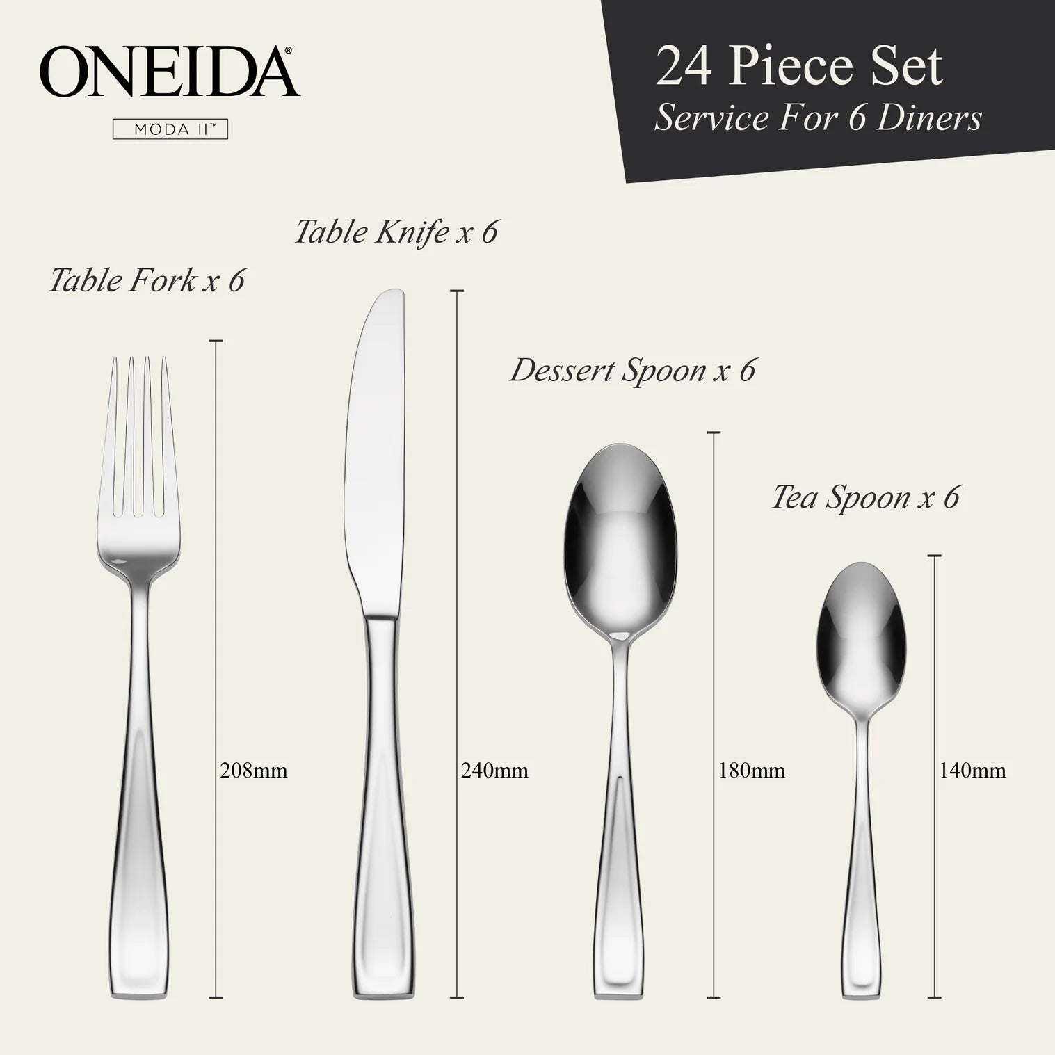 ONEIDA Moda II 24 Pieces Cutlery Set - Stainless Steel - 6 Person Place Setting