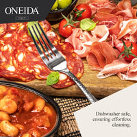 Assorted meats and a bowl of beans on a wooden board with a fork, featuring the brand 'ONEIDA'.