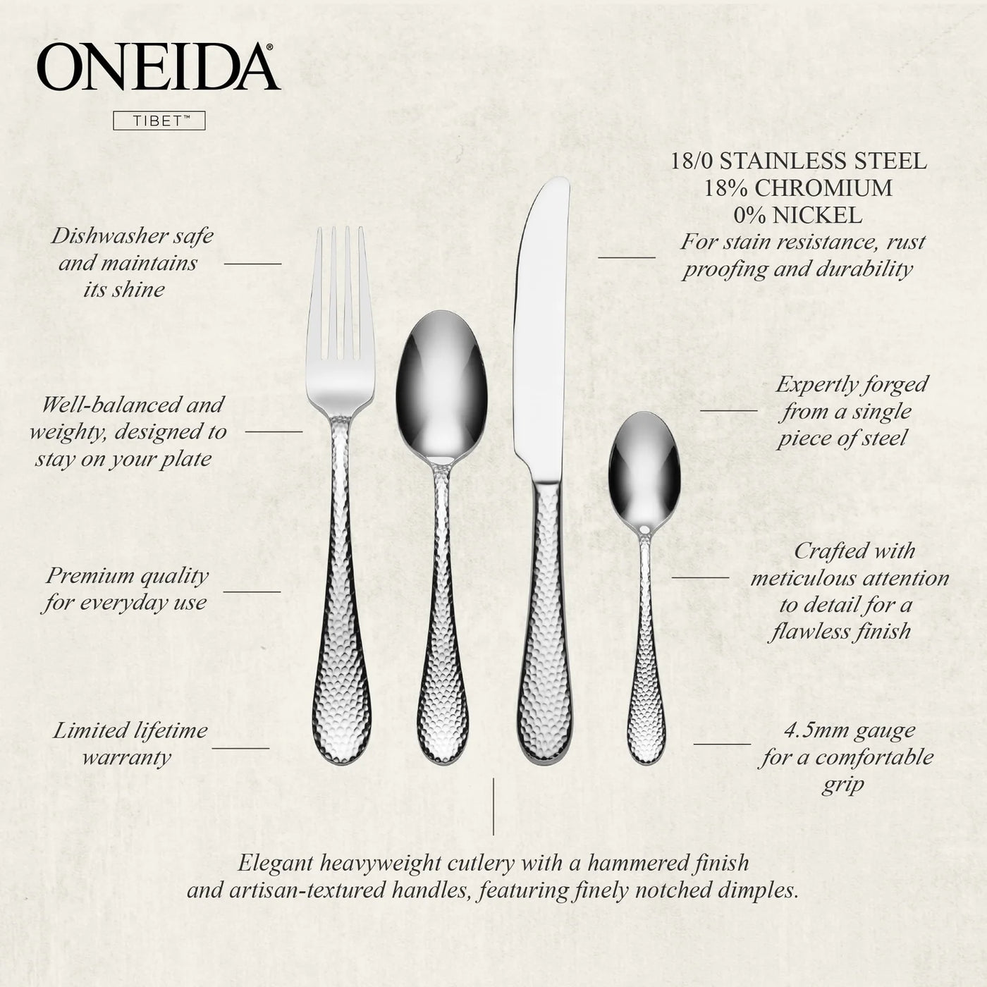 Oneida cutlery set with specifications on a beige background