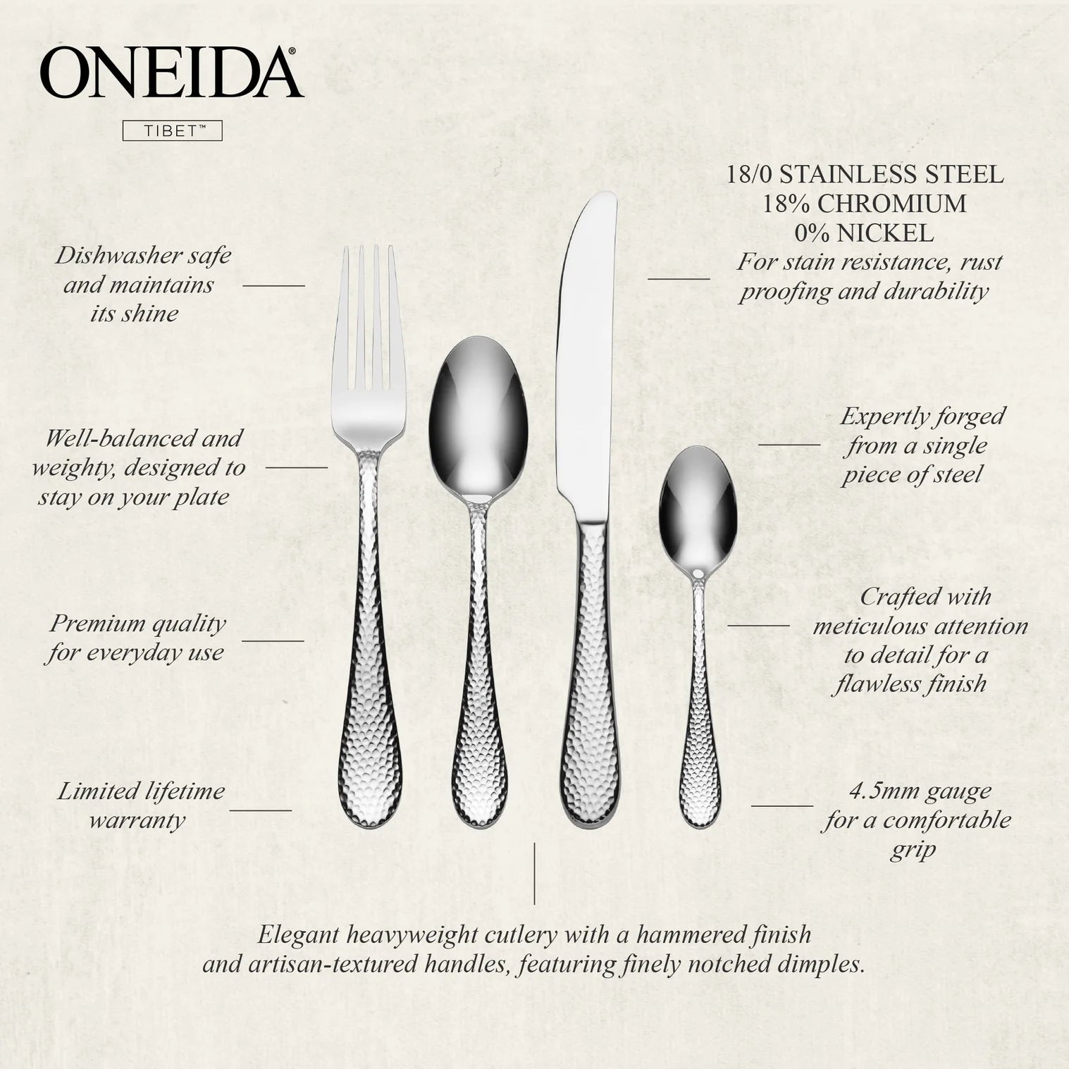 Oneida cutlery set with specifications on a beige background