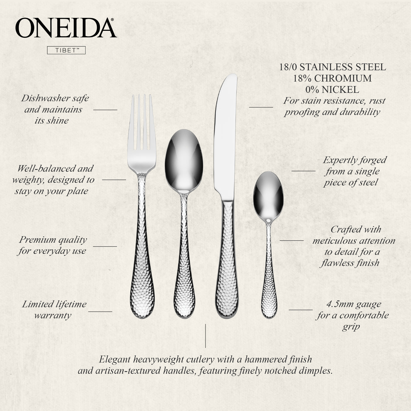 ONEIDA TIBET Stainless Steel Teaspoons – Set of 6