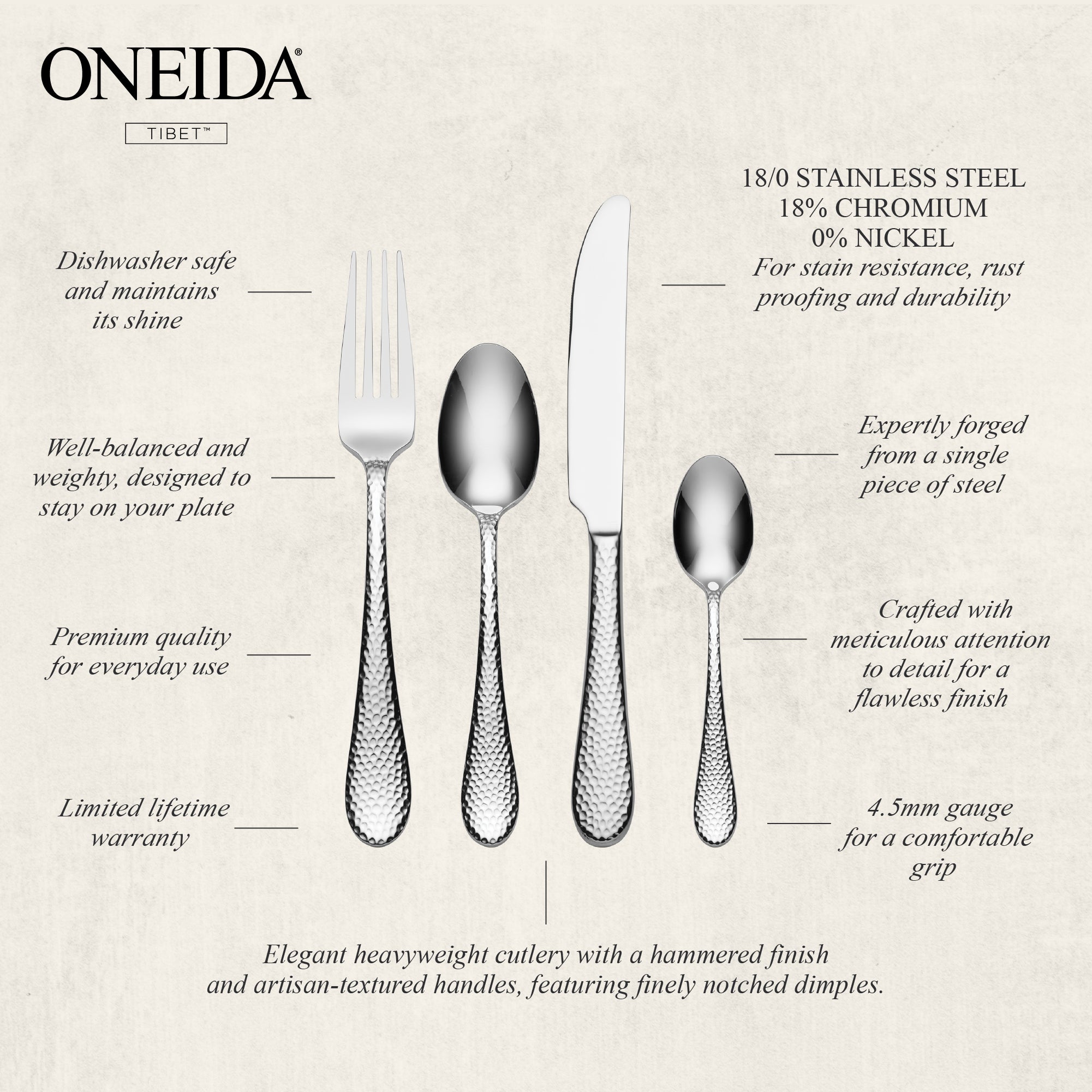 ONEIDA TIBET Stainless Steel Teaspoons – Set of 6