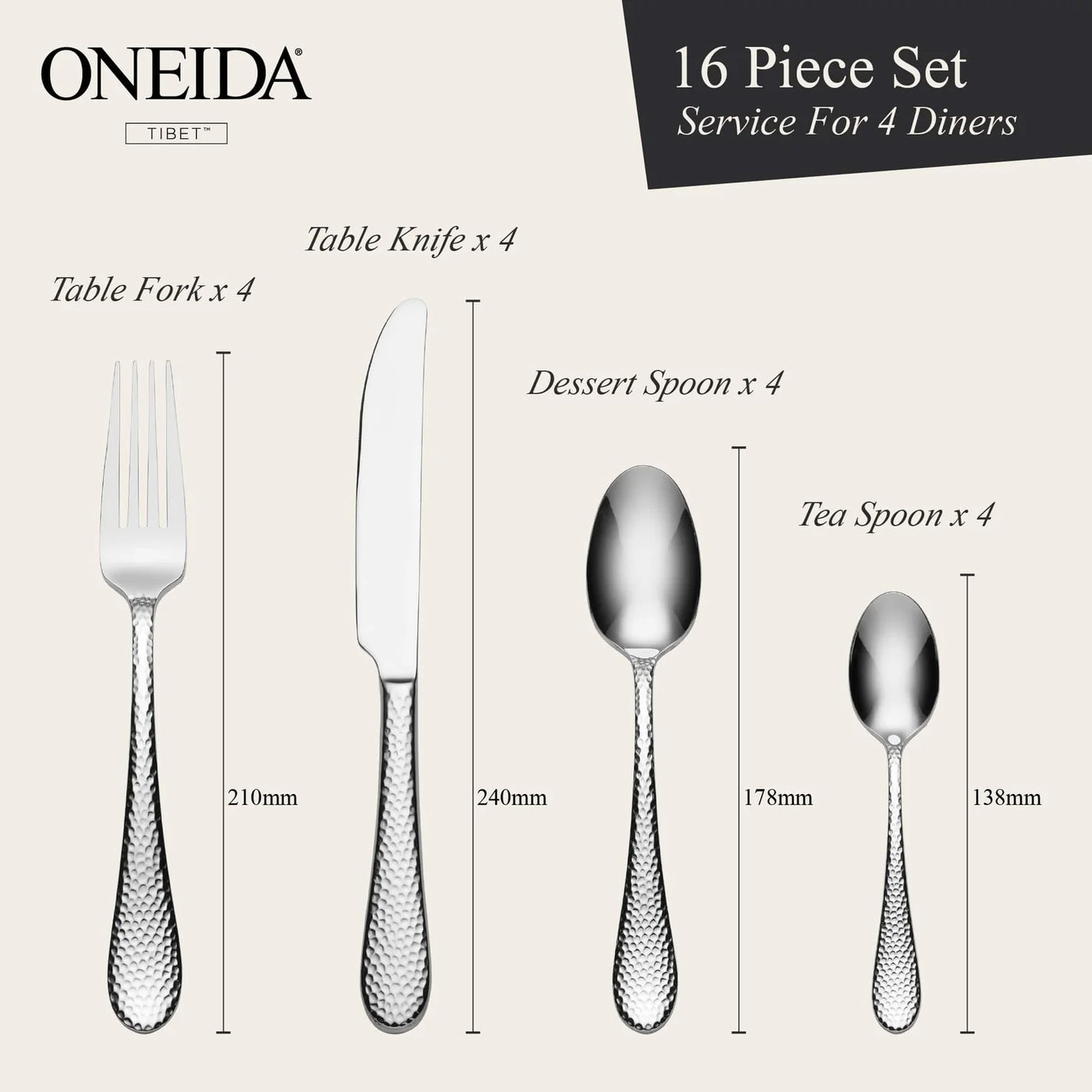 ONEIDA Tibet 16 Pieces Cutlery Set - Stainless Steel - 4 Person Place Setting