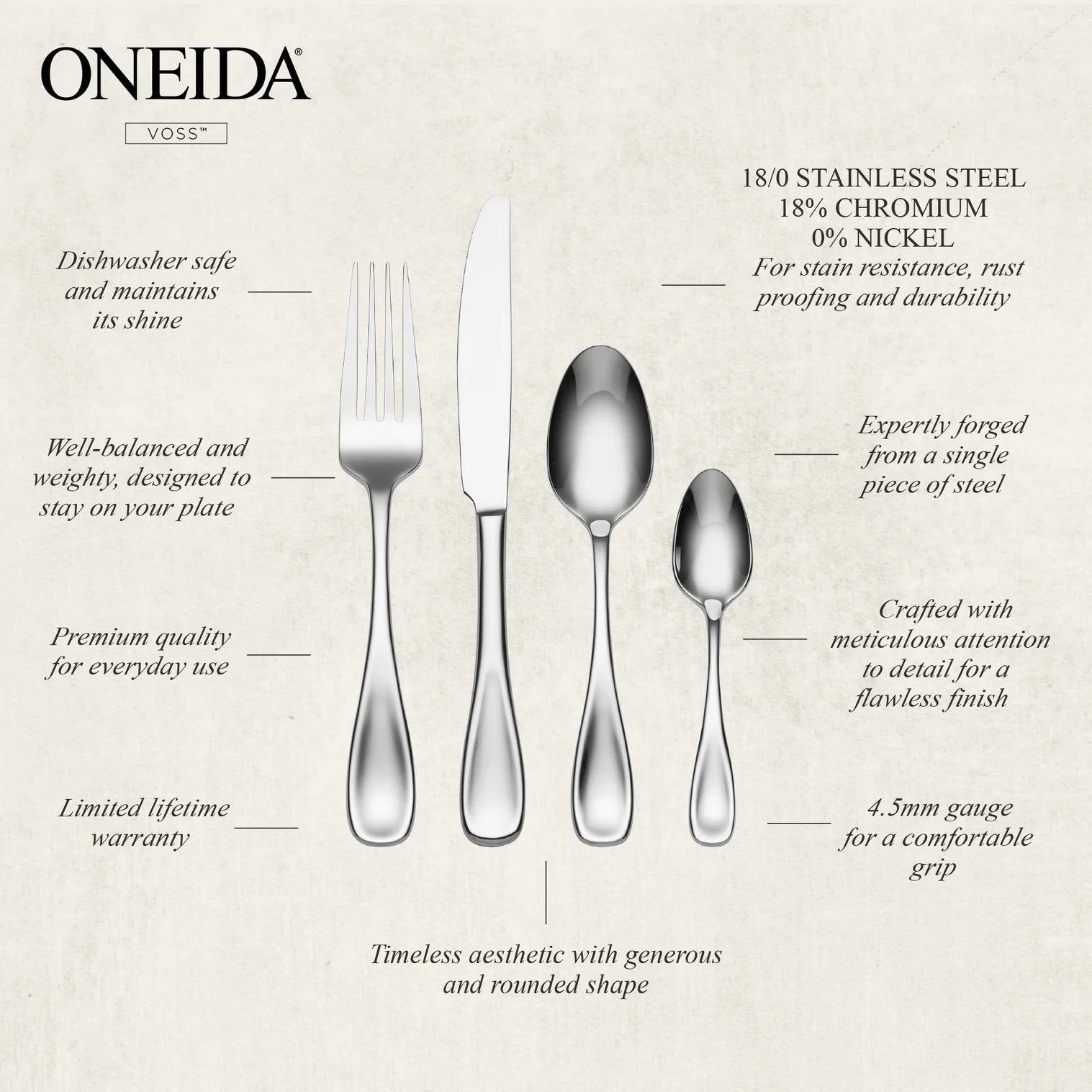 ONEIDA Voss 16 Pieces Cutlery Set- Stainless Steel - 4 Person Place Setting