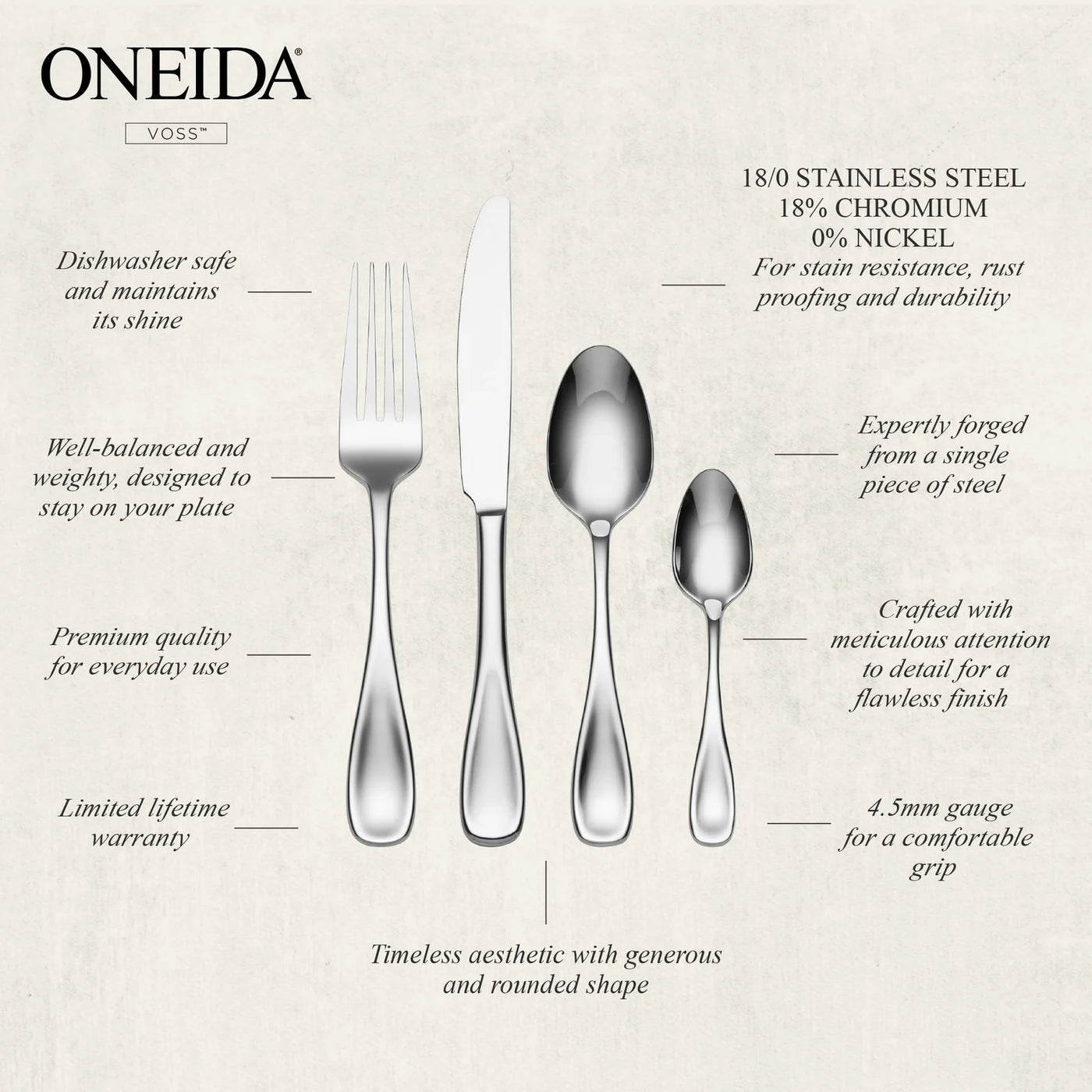 ONEIDA Voss 24 Pieces Cutlery Set - Stainless Steel - 6 Person Place Setting
