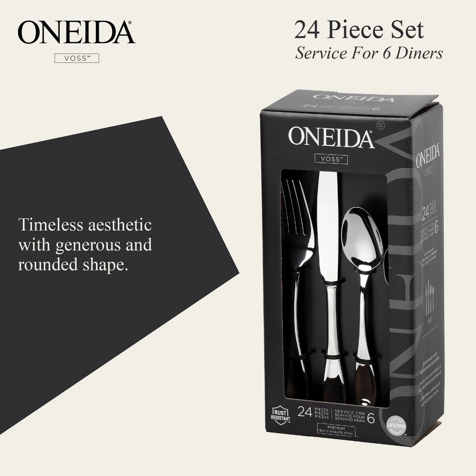 ONEIDA Voss 24 Pieces Cutlery Set - Stainless Steel - 6 Person Place Setting
