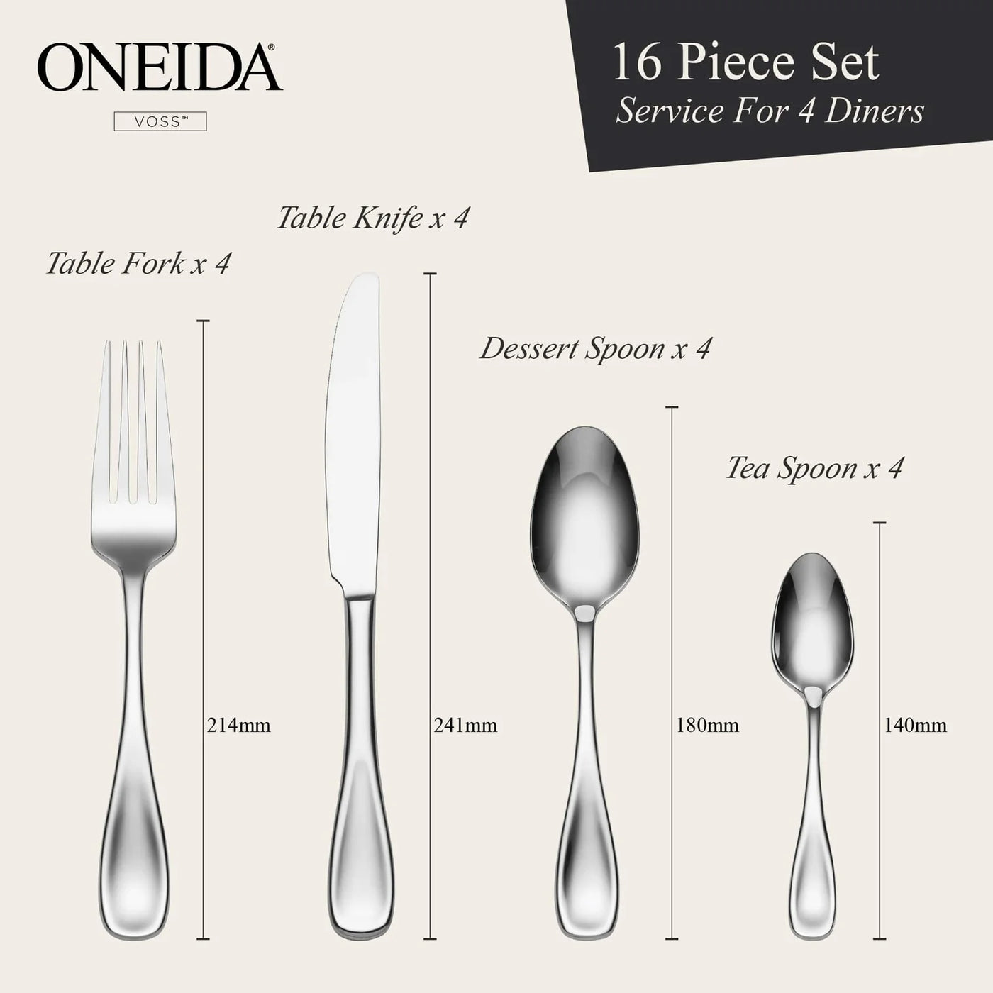 ONEIDA Voss 16 Pieces Cutlery Set- Stainless Steel - 4 Person Place Setting