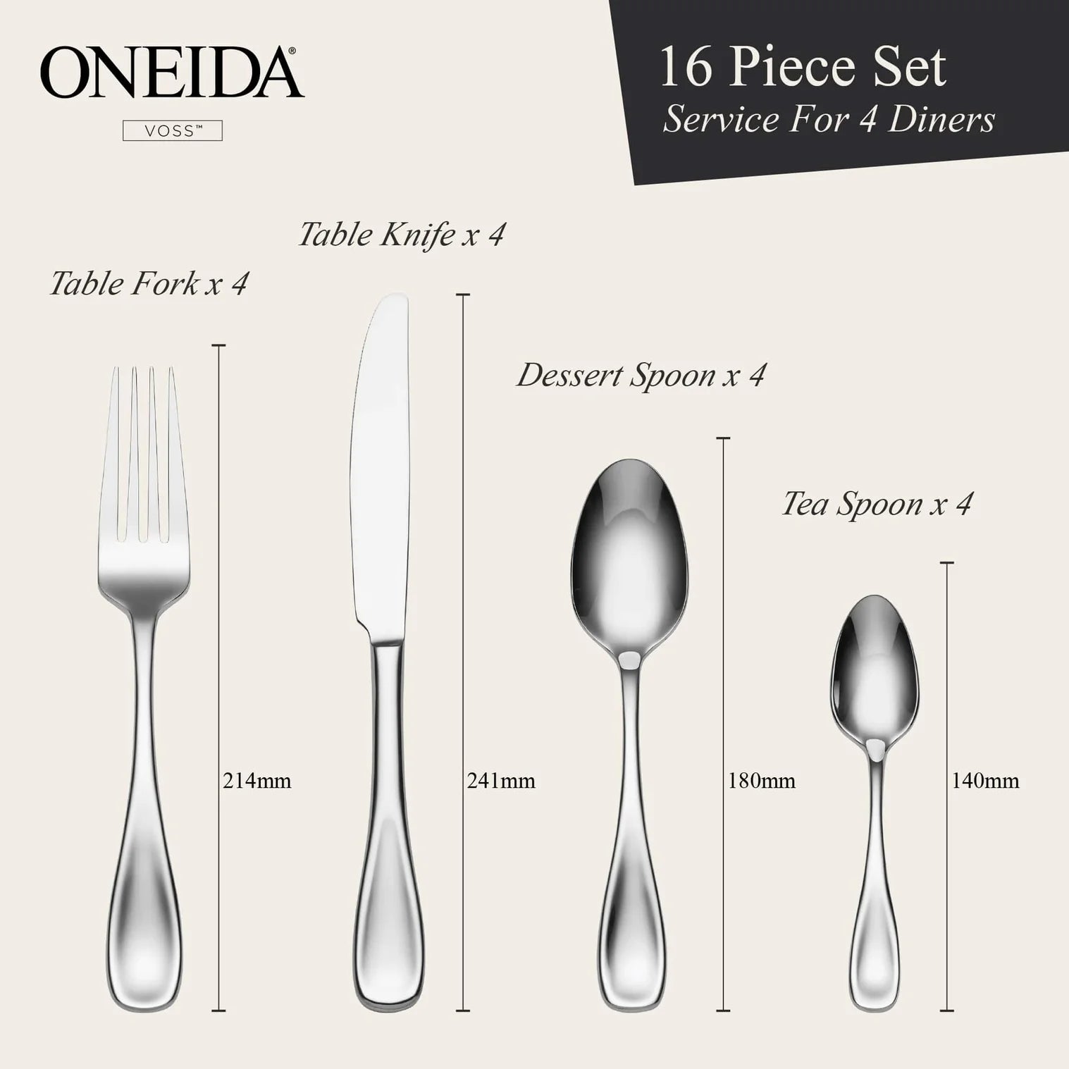 ONEIDA Voss 16 Pieces Cutlery Set- Stainless Steel - 4 Person Place Setting