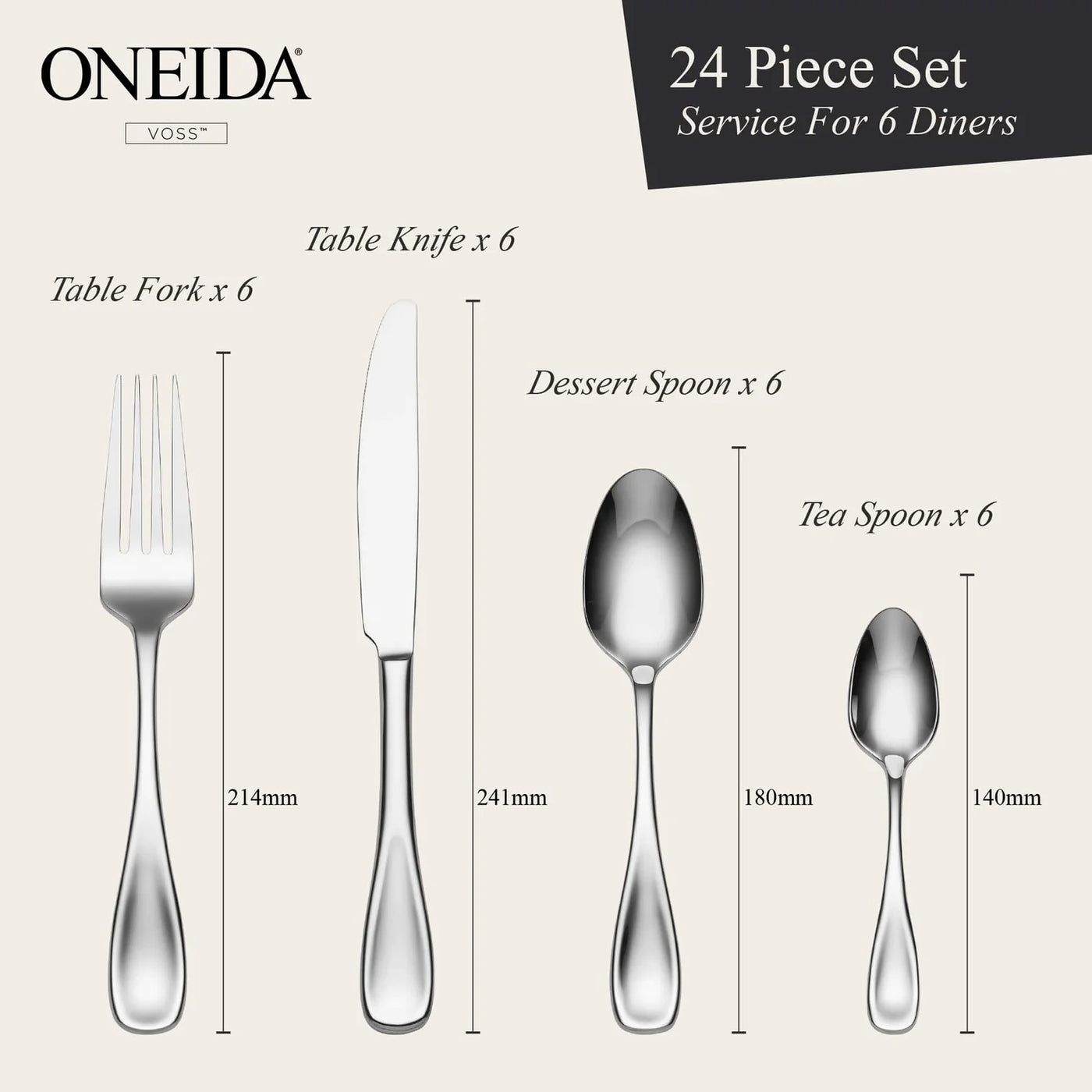 ONEIDA Voss 24 Pieces Cutlery Set - Stainless Steel - 6 Person Place Setting