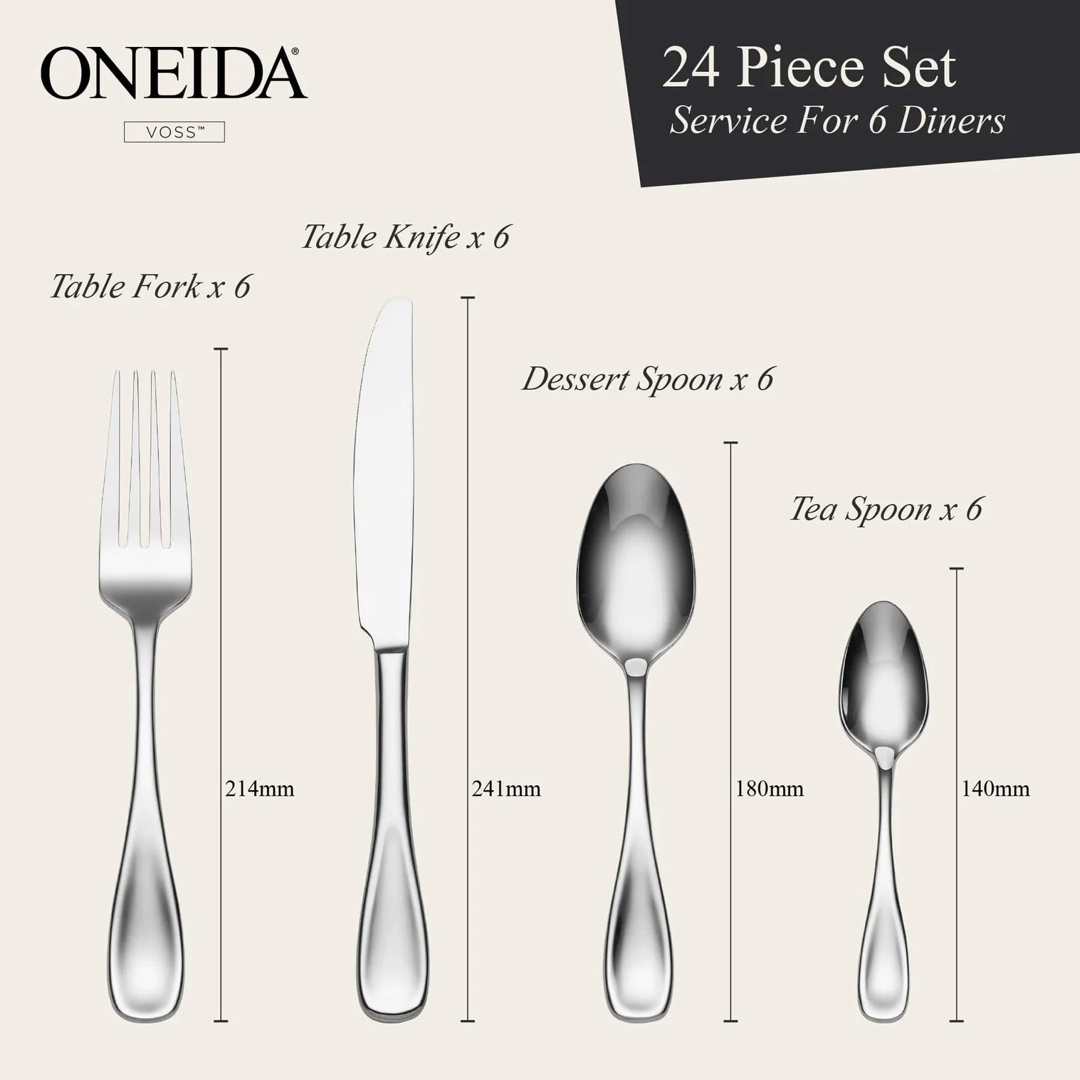 ONEIDA Voss 24 Pieces Cutlery Set - Stainless Steel - 6 Person Place Setting